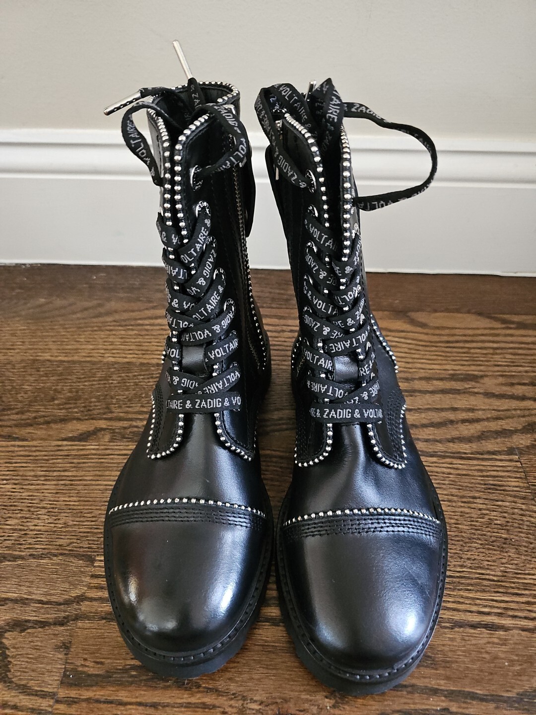Zadig & Voltaire Joe Studs Boots Black Leather Lace Up Zip Logo $548, Sz 36 NIB!
