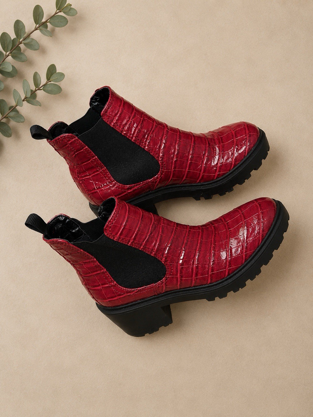 Urban Outfitters Red Croc-Embossed Chelsea Booties