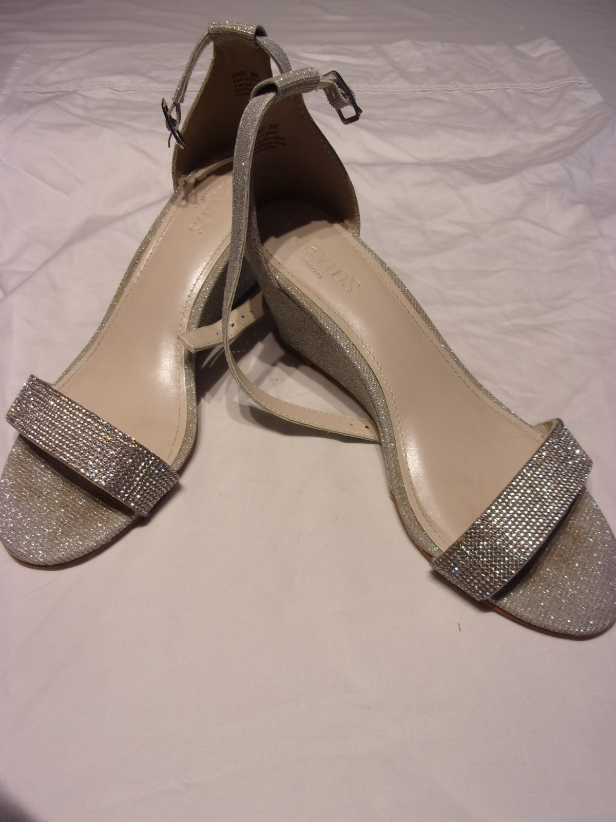 David’s Bridal Mari Women’s Silver Rhinestone Ankle Strap Wedge Shoes Sz: 8M