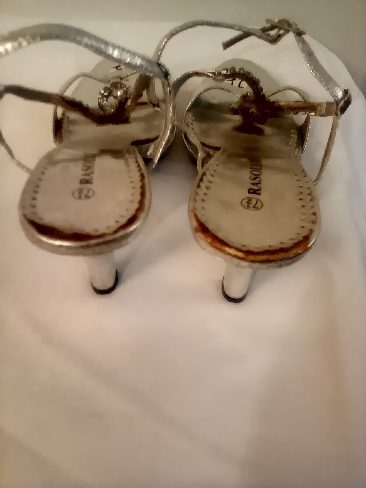 Rasolli silver t-strap slingback heels 7.5M 3″ heel rhinestones buckle man made