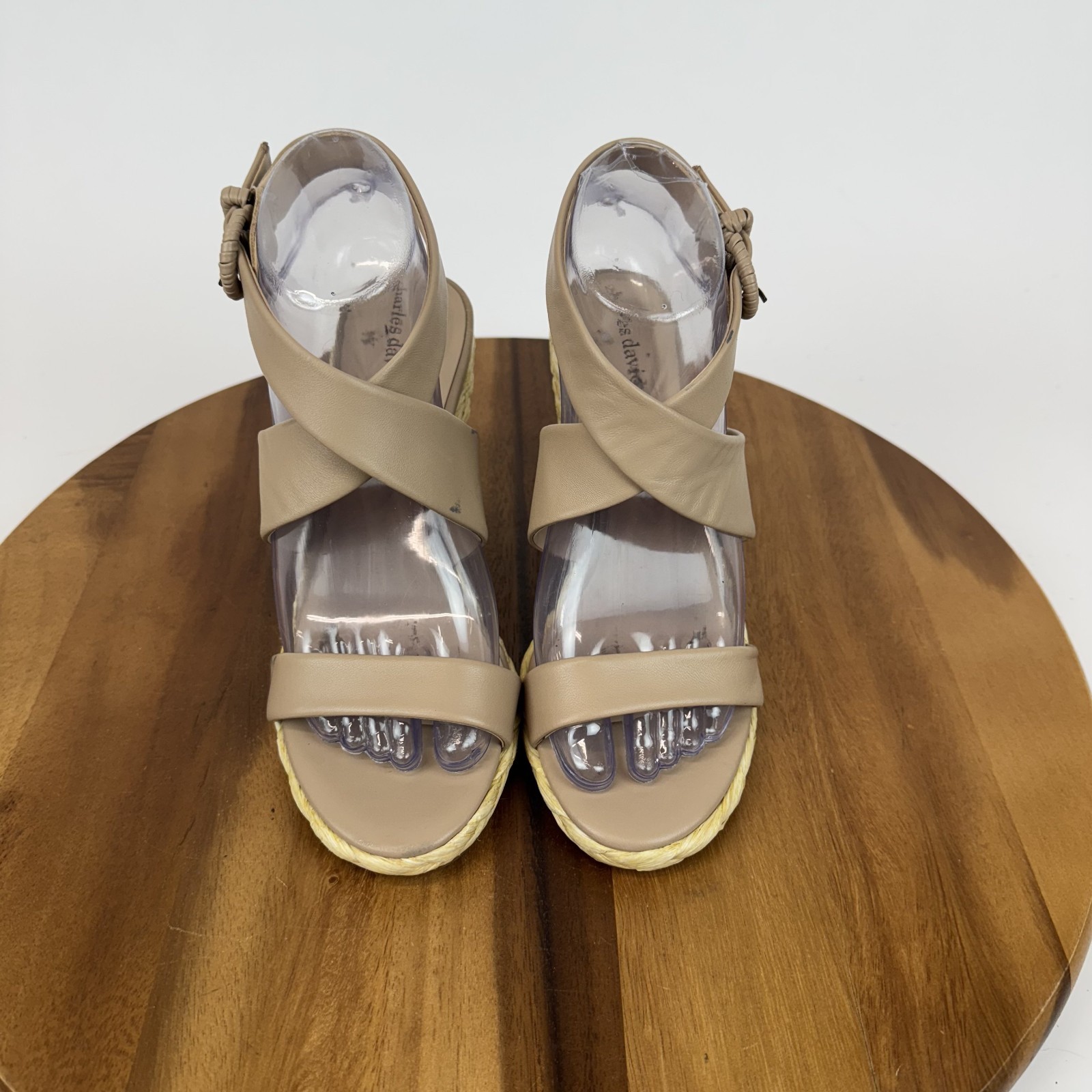 New Womens Charles David Russell Nude Leather Espadrille Wedge Sandals Size 7.5