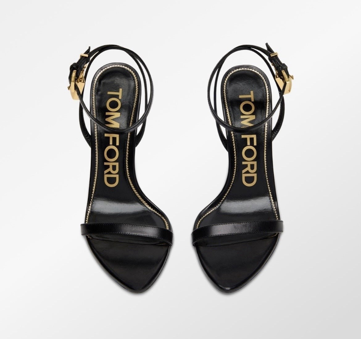 Tom Ford Black Leather Strappy Ankle Strap Padlock Sandals Gold HW 8 New Box
