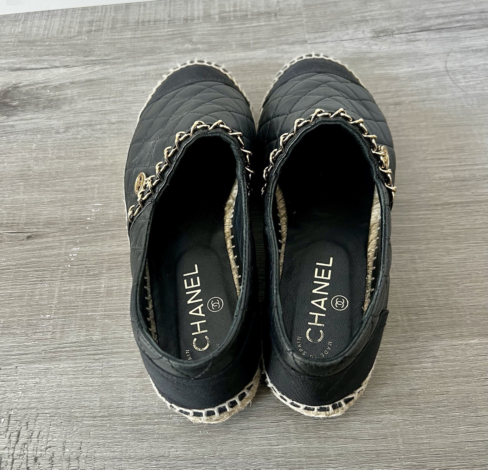 Chanel Black Lambskin/Grosgrain Quilted CC Chain Espadrilles sz 39