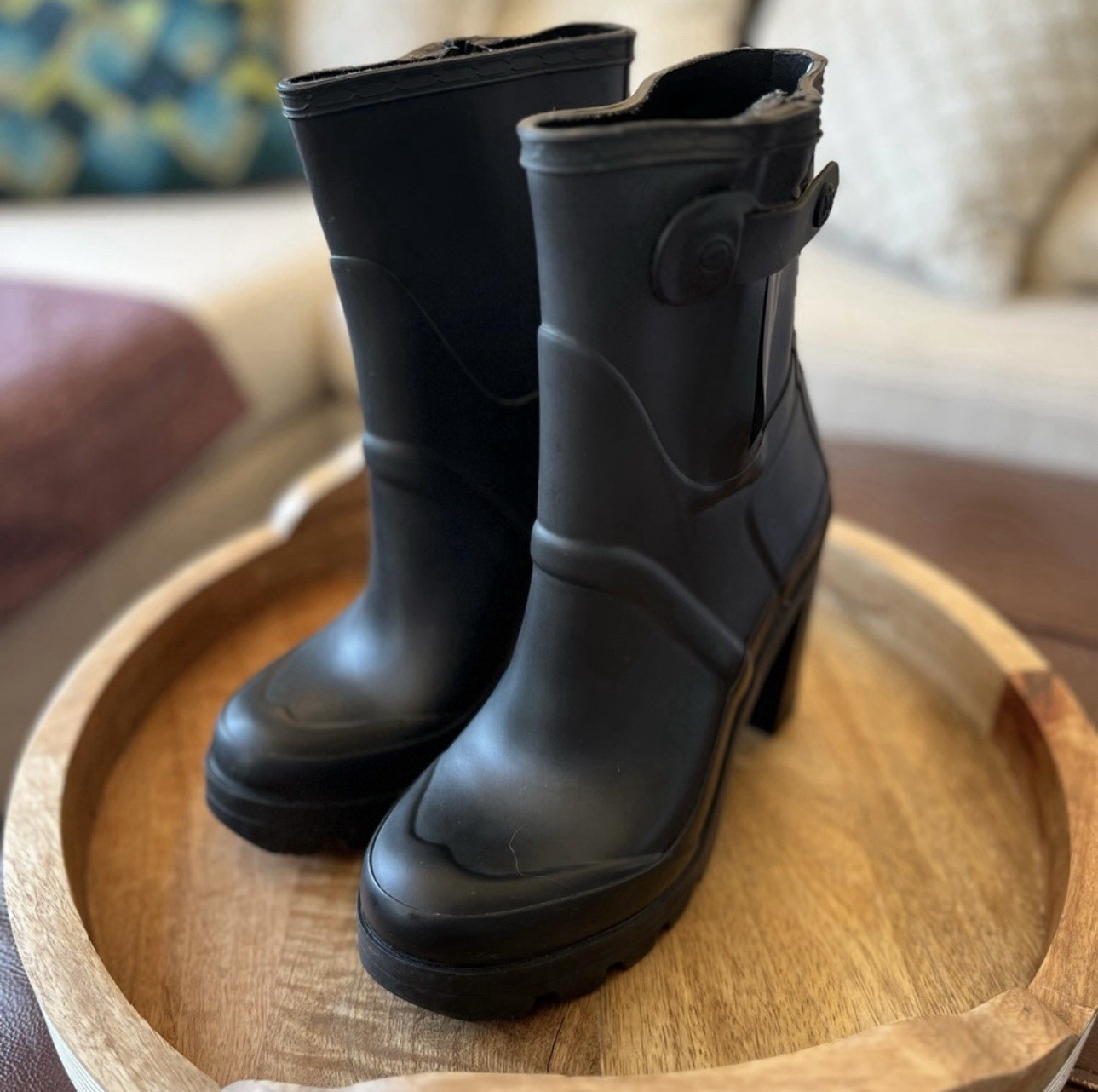 Hunter Black Waterproof Ankle Rain Boots Adjustable Strap Block Heel *RARE*