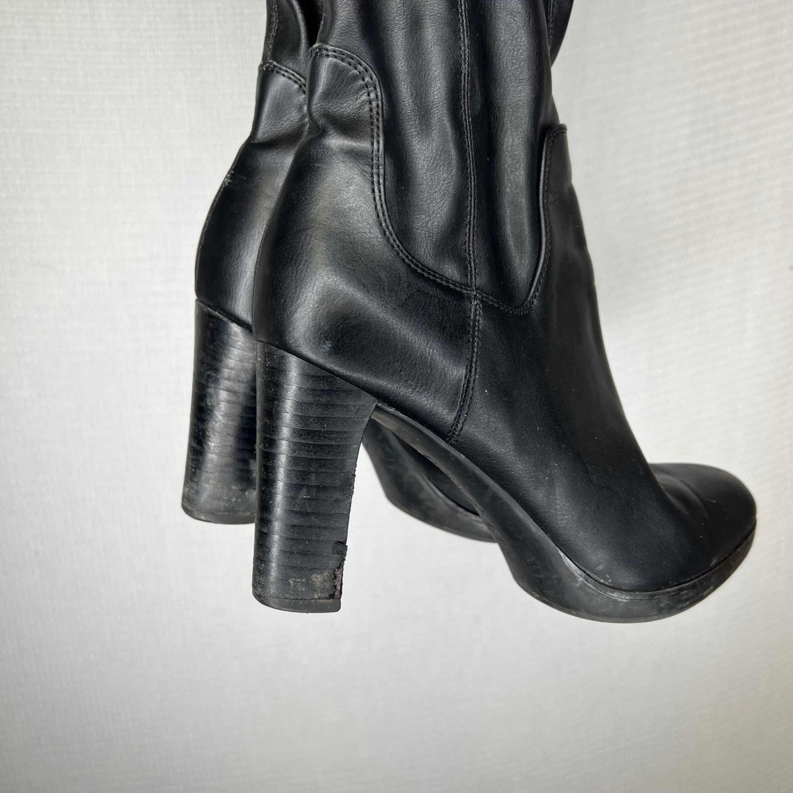 Franco Sarto Black Faux Leather Knee High Boots Chunky Heel Size 7