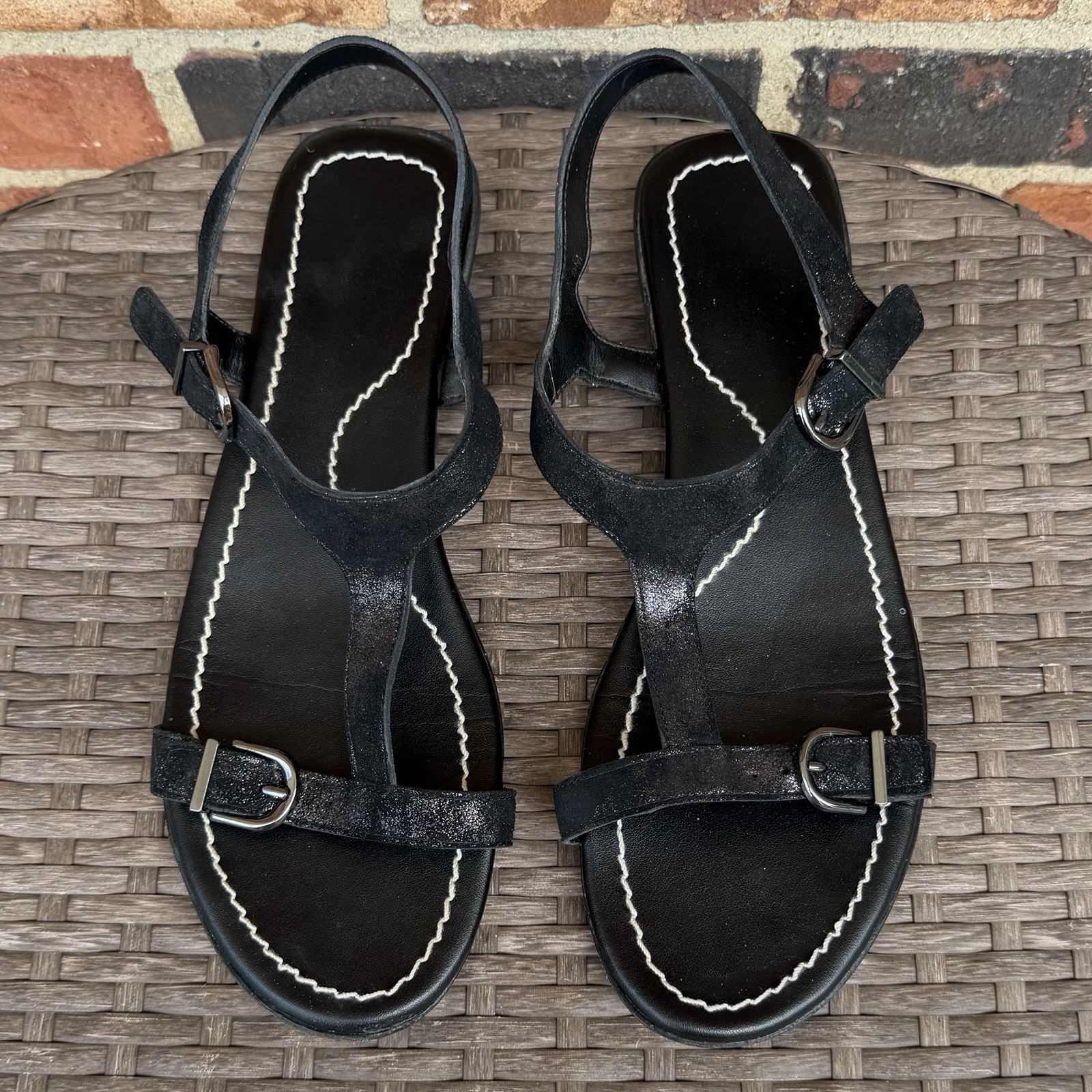 Vaneli Taletha Sandals Women Sz 9 Glitter Black Strappy White Stitching Leather