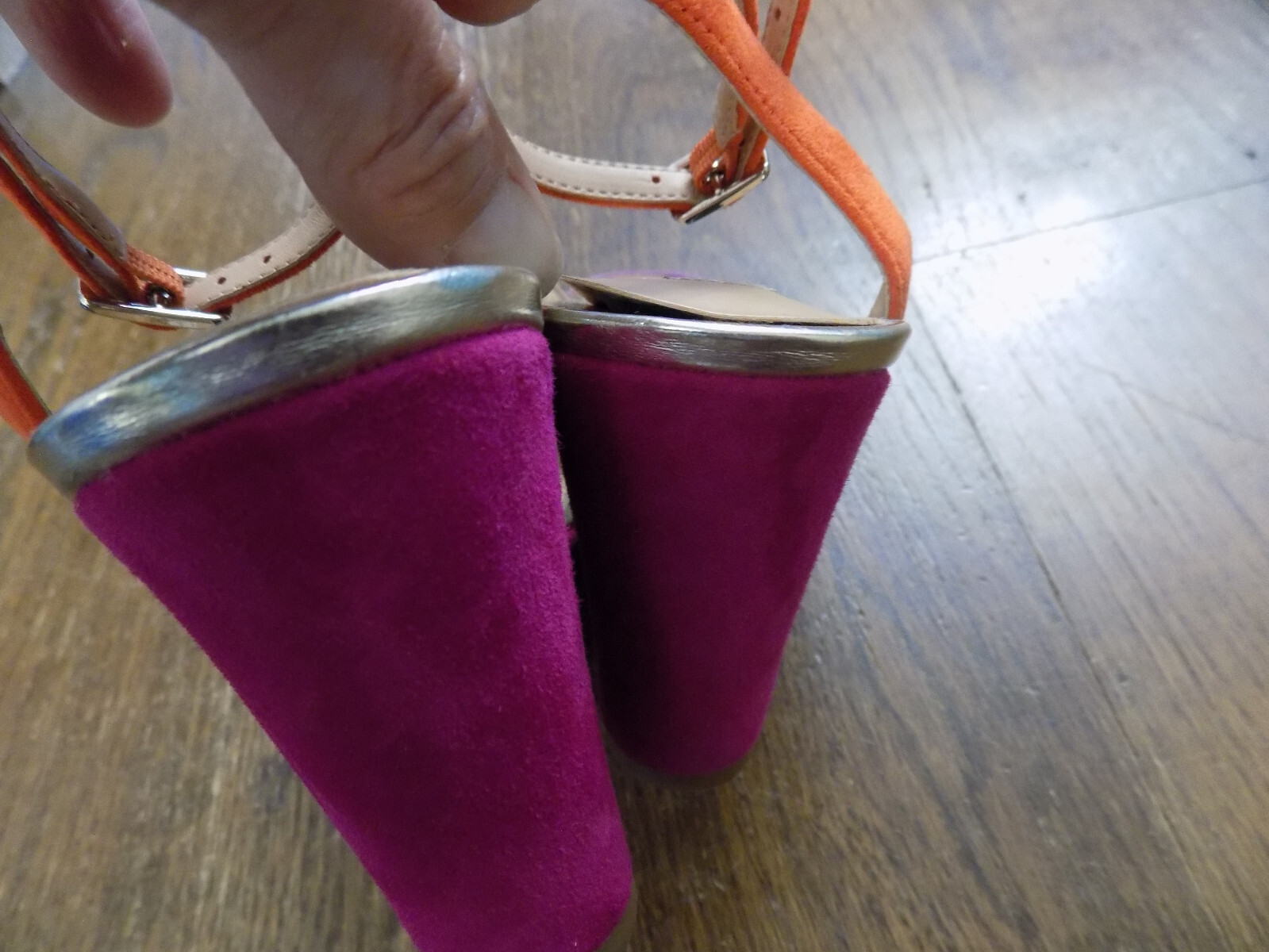 Steve Madden Sylan Purple Pink Orange Suede Ankle strap wedge 3.25″ Sandals 7.5
