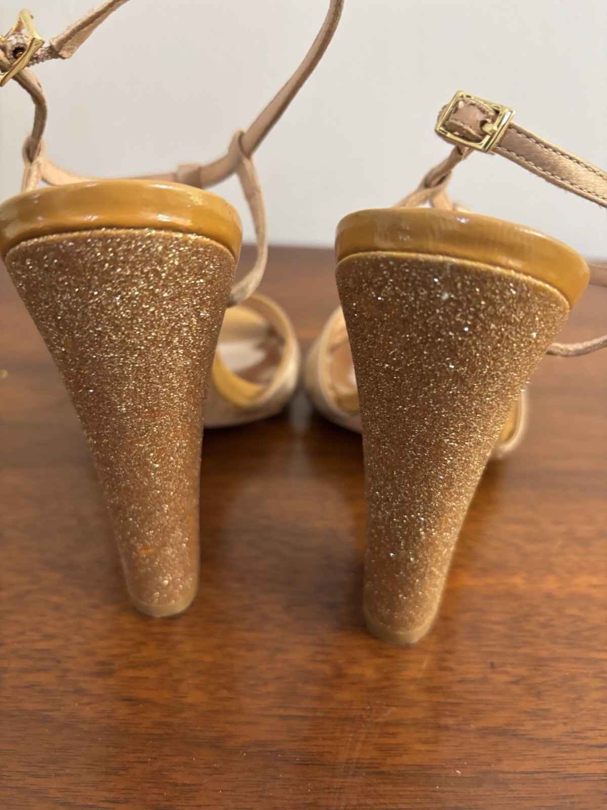 Badgley Mischka Gold Natural Satin Jenie Glitter Bridal Wedding Heel Sz 7.5 $200