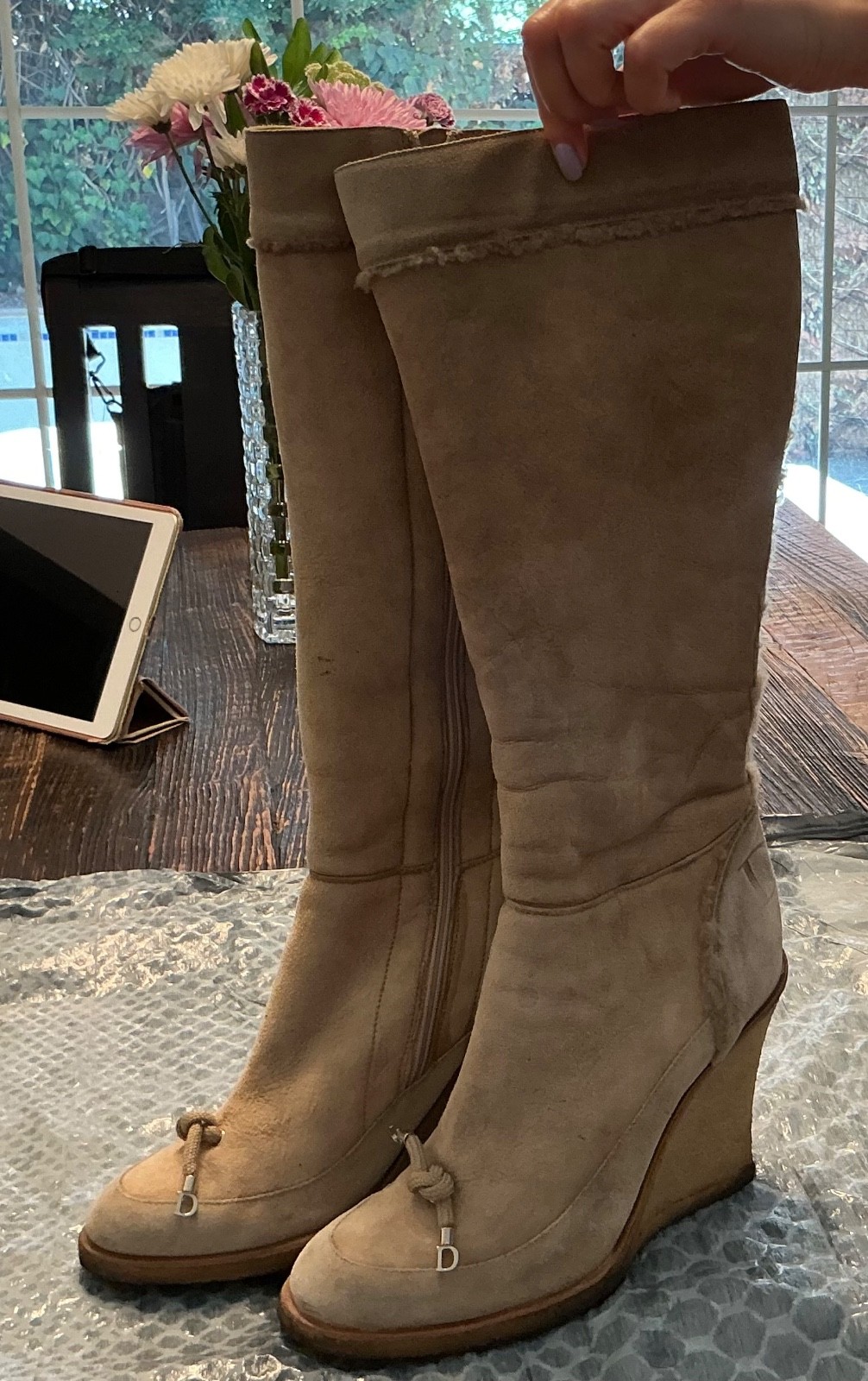 Christian Dior Beige Shearling Suede CD Logo Wedge Boots With Zipper Size 37,5