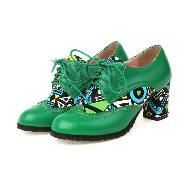 Splicing Women’s Faux Leather Block Heels Shoes Round Toe Lace Up Retro Fashion