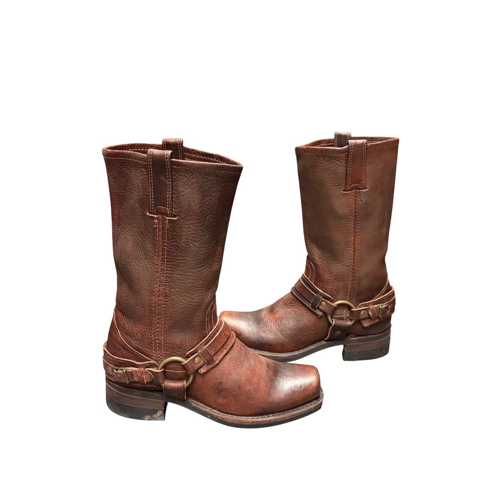 Vintage Frye Brown Leather Belted Harness Boots 77250 Pull On O-Ring Size 8