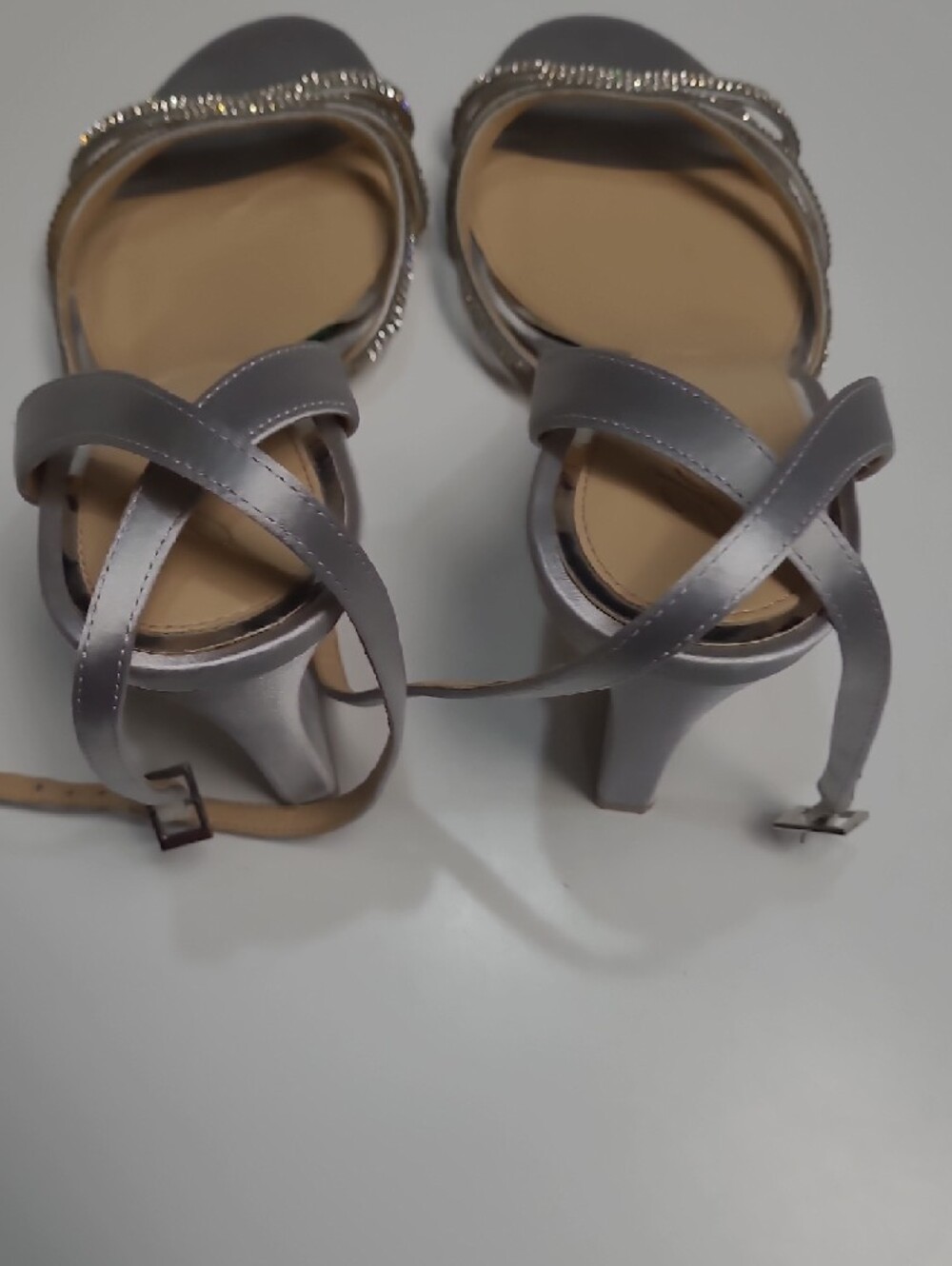 Jewel Badgley Mischka Silver Rhinestone Strap High Heel Sandals – Size 10