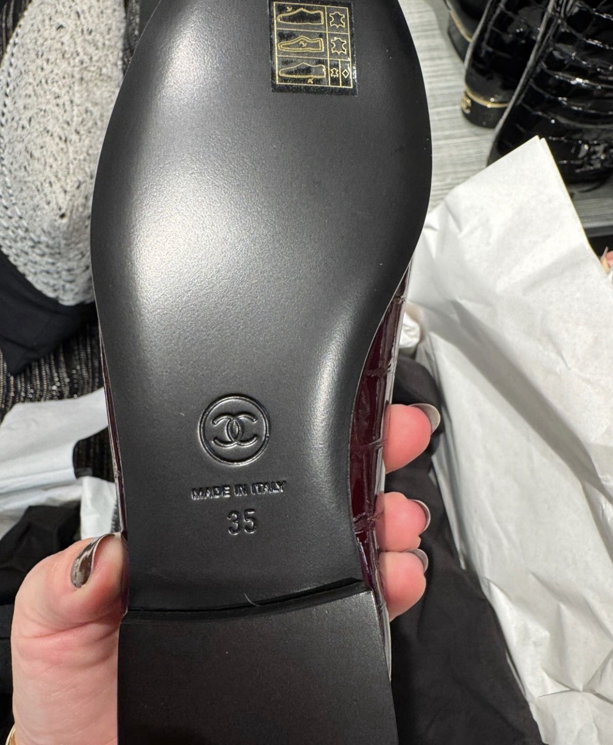 CHANEL Croc Embossed Ballet Flats, Bow Logo