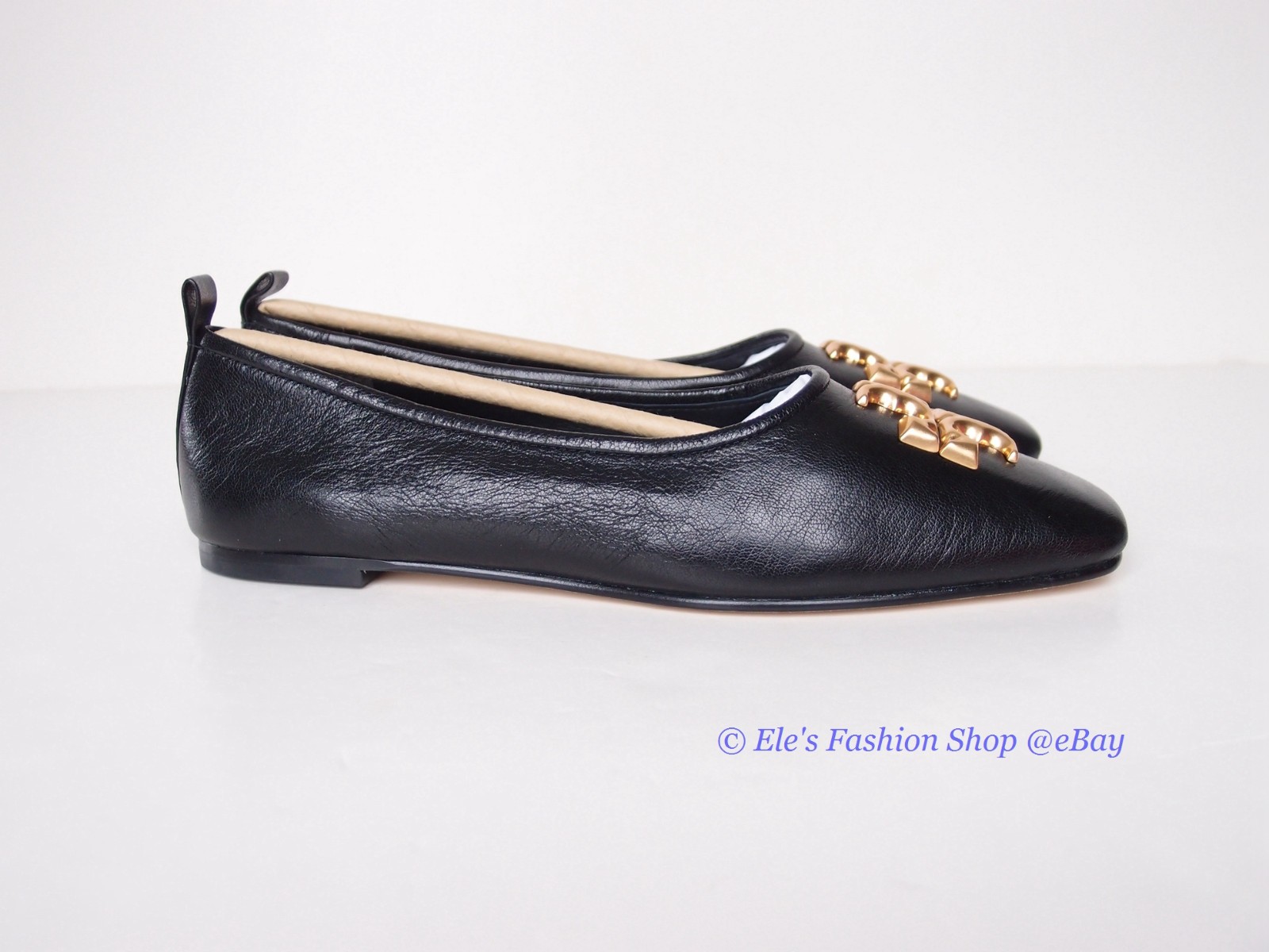 NIB Tory Burch Eleanor Ballet Leather Flat BLACK Gold US 8 8.5 9 AUTHENTIC