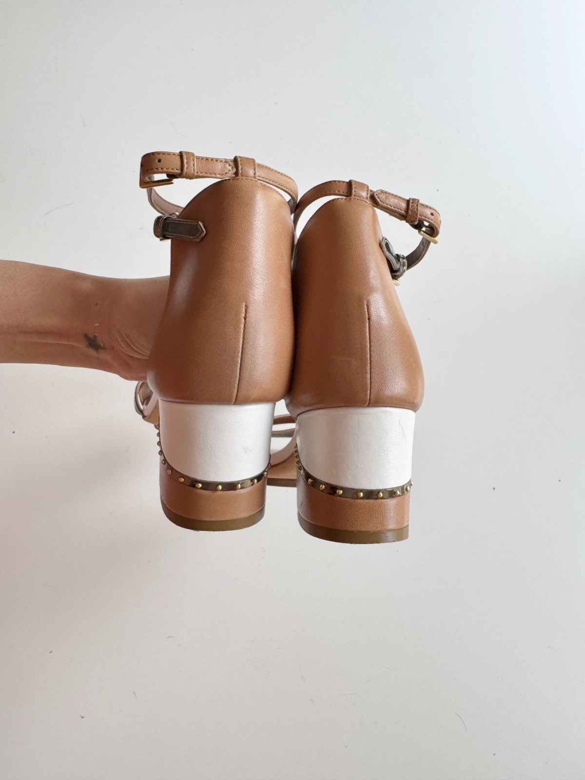 MAIYET Brown White Gold Colorblock Studded Stacked Block Heel Sandals, Size 39
