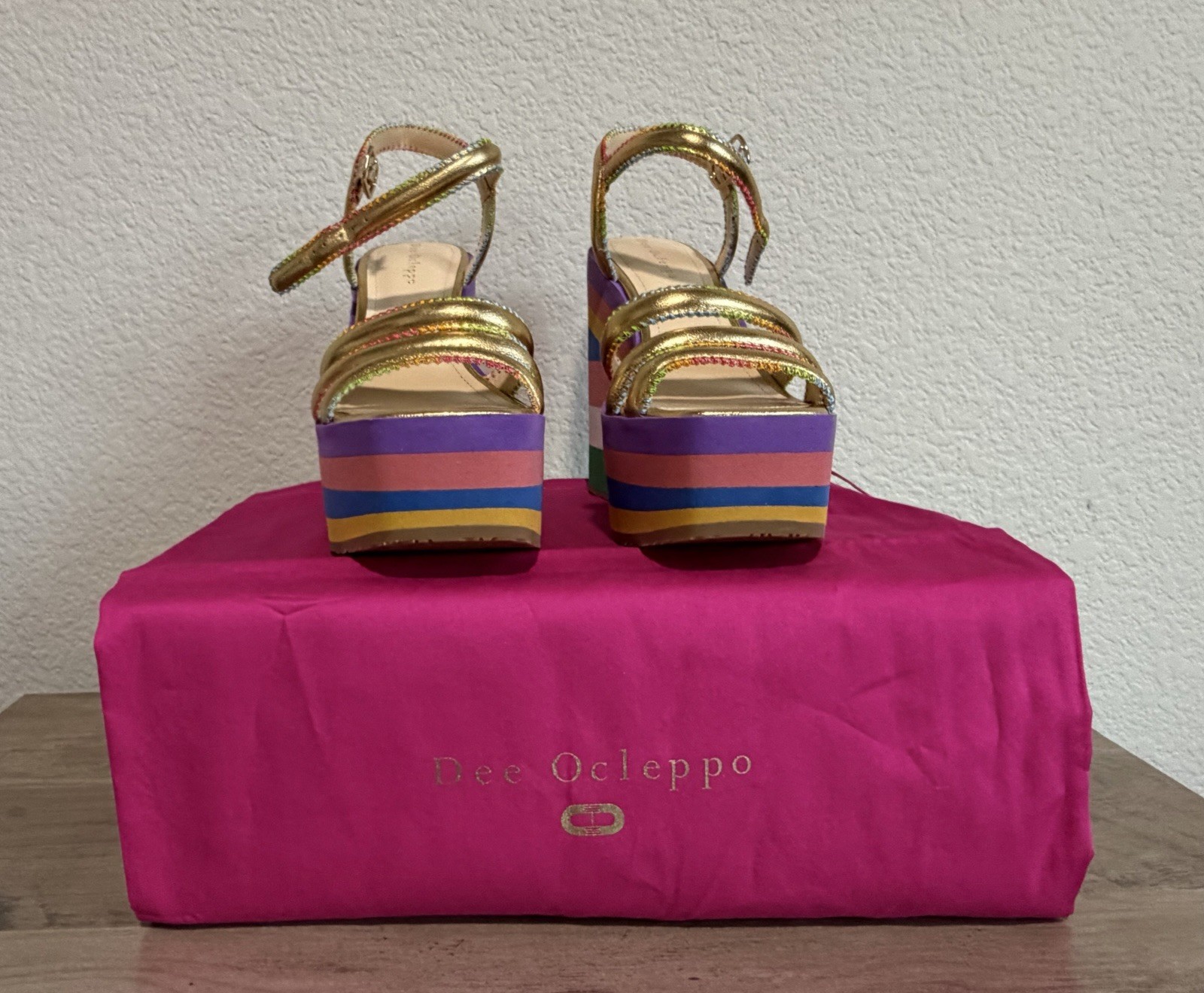Dee Ocleppo Multicolor/Gold Striped Leather Platform Sandals Ankle Strap 6