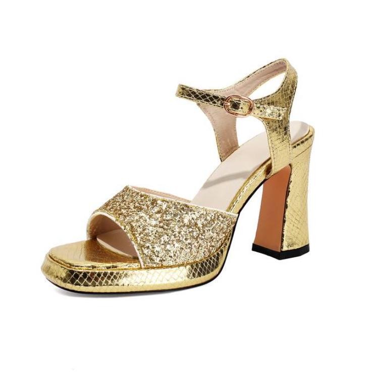 Womens Sequins Open Toe High Block Heels Sandals Ladies Dress Leisure Shoes Size