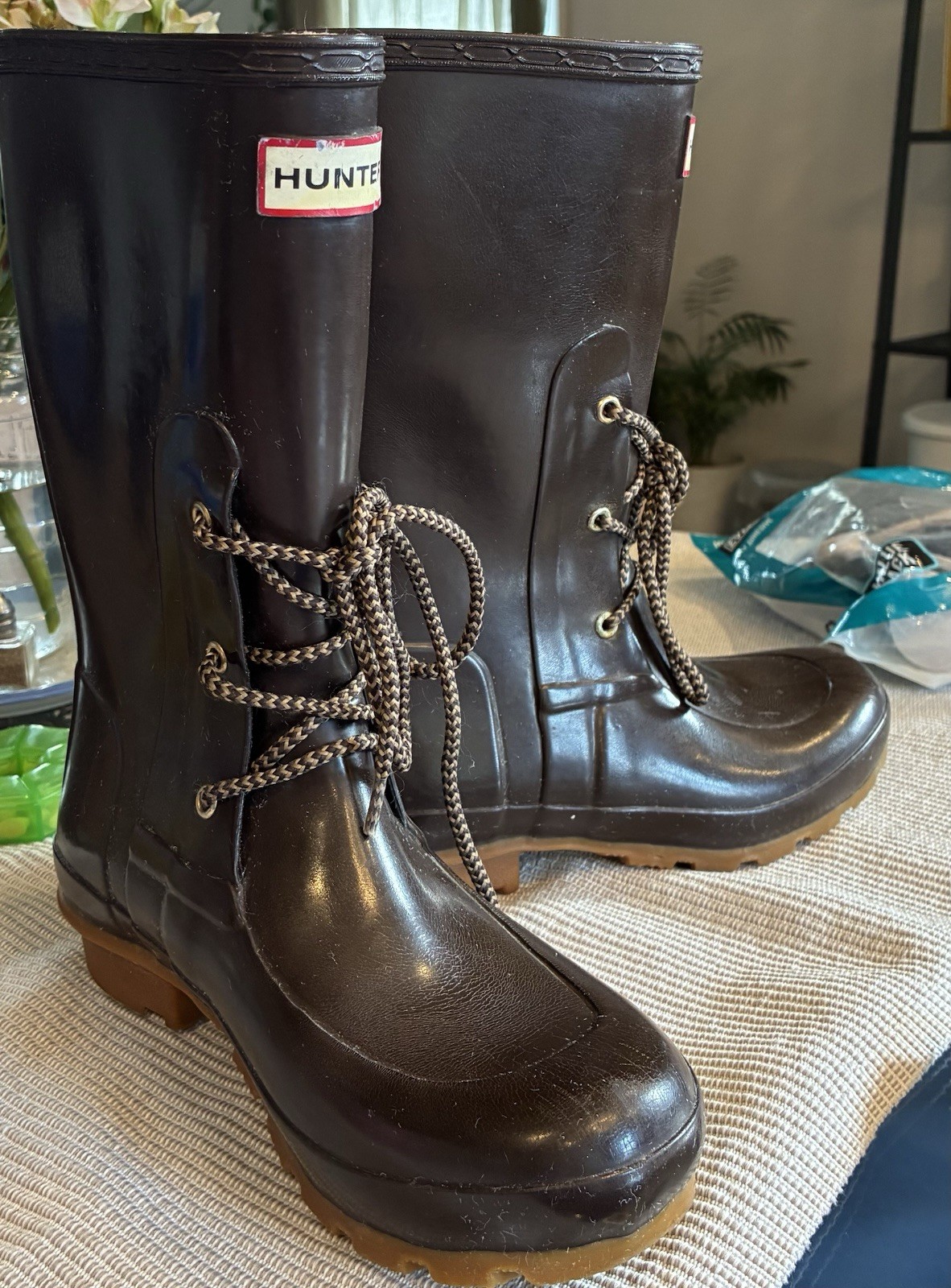 Hunter Brown Knee High Lace Up Rubber Rain Boots Waterproof Women’s US 5