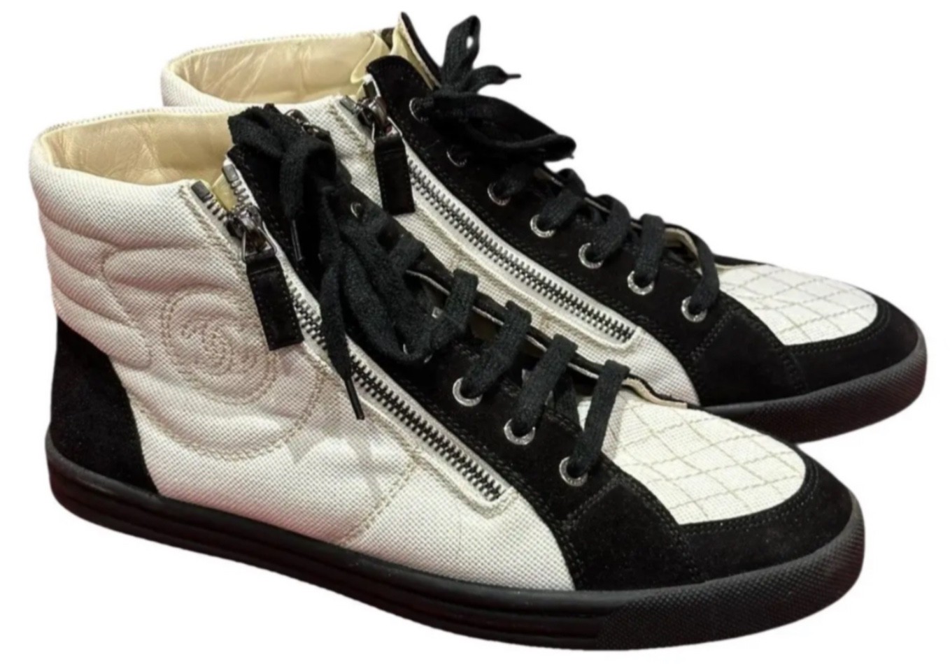 Chanel Beige Canvas Quilted Suede Leather CC Double Zip High Top Sneakers SZ 38