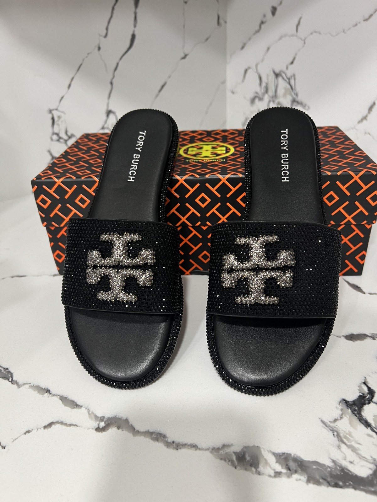 Tory Burch Everly Slide Sandals Perfect Black/Crystal Size 8