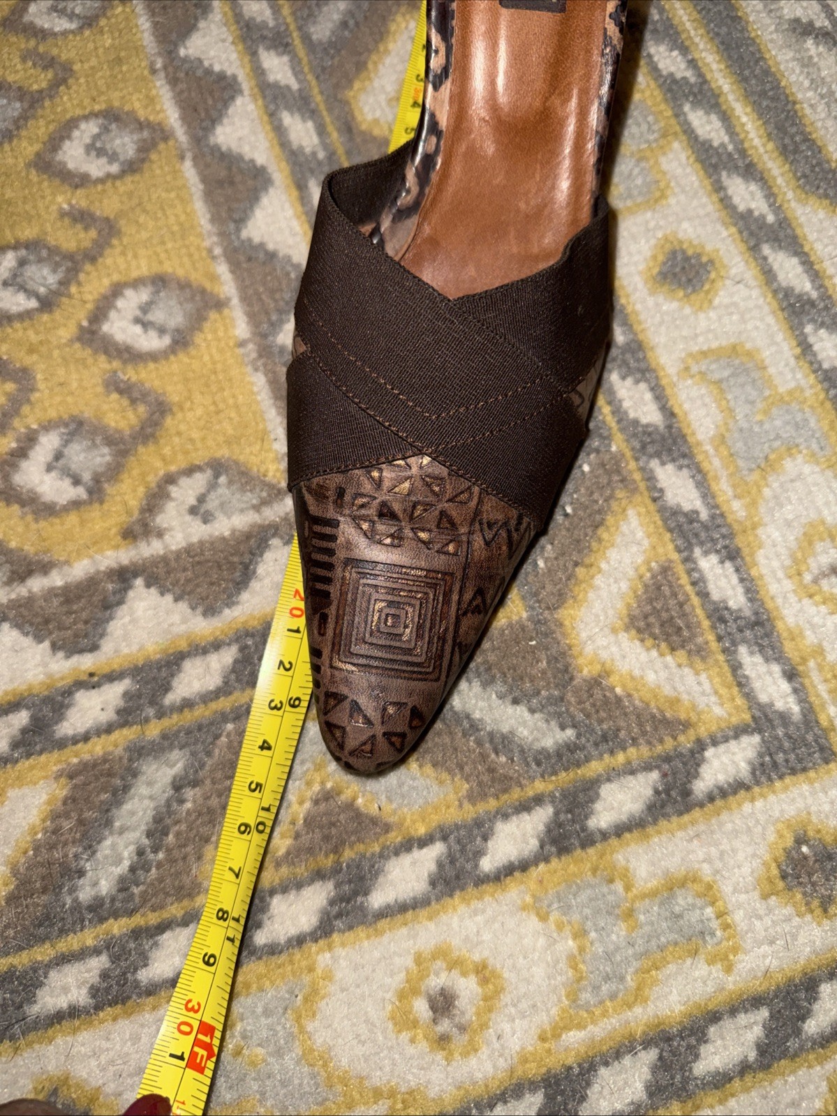 Chambeli Mule Brown Tribal Geometric Print Heels Pointed Toe Shoes 7.5/8