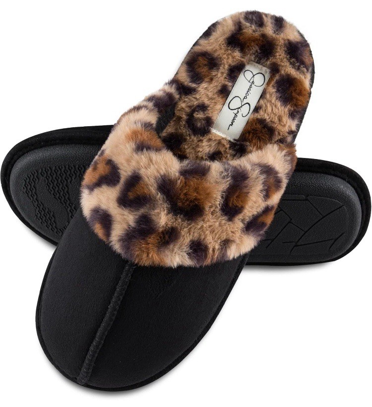 Jessica Simpson Leopard Print Faux Fur Slip-On Slippers Memory Foam 7.5