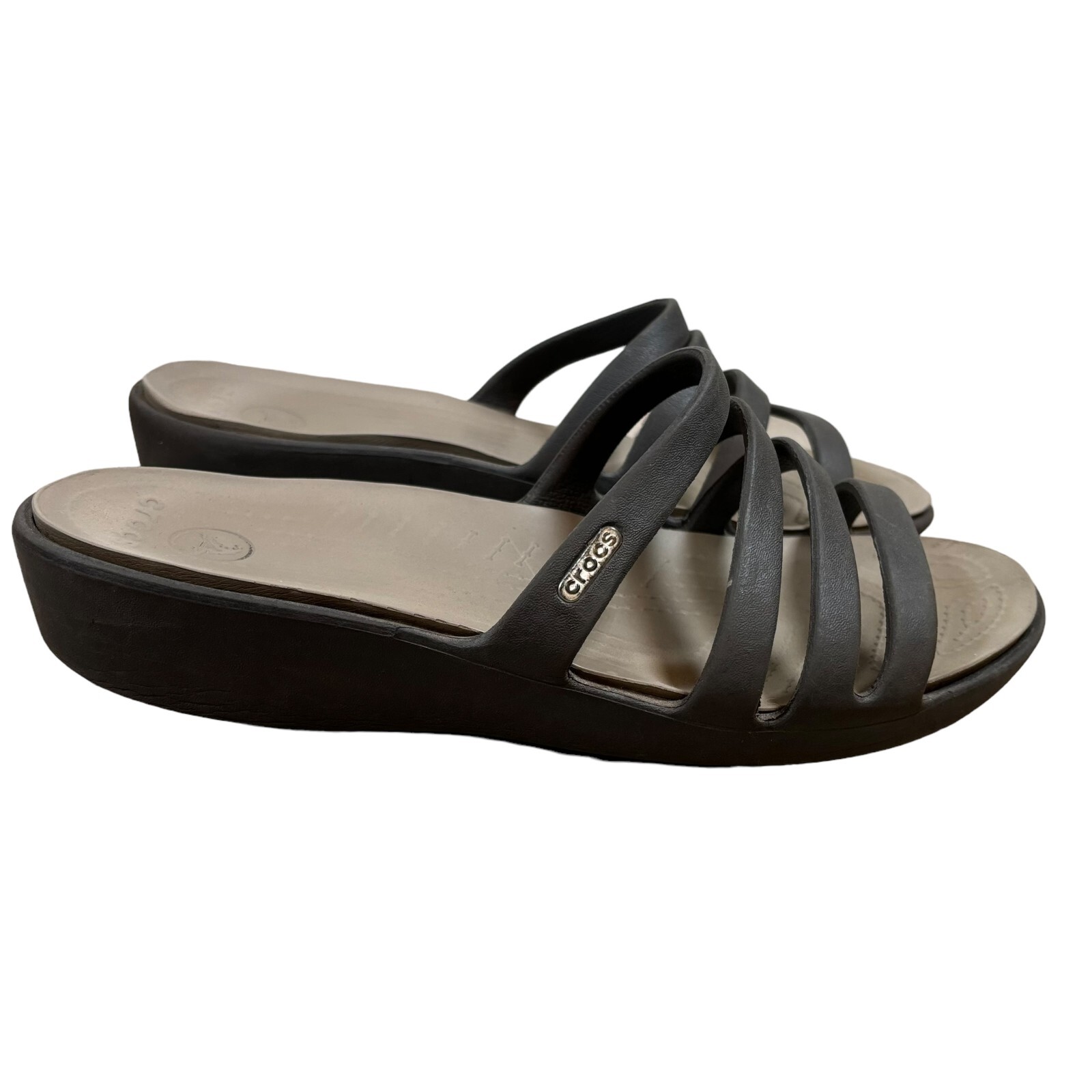 Crocs Rhonda Strappy Wedge Sandals Womens Size 10 Brown Tan Black Slides