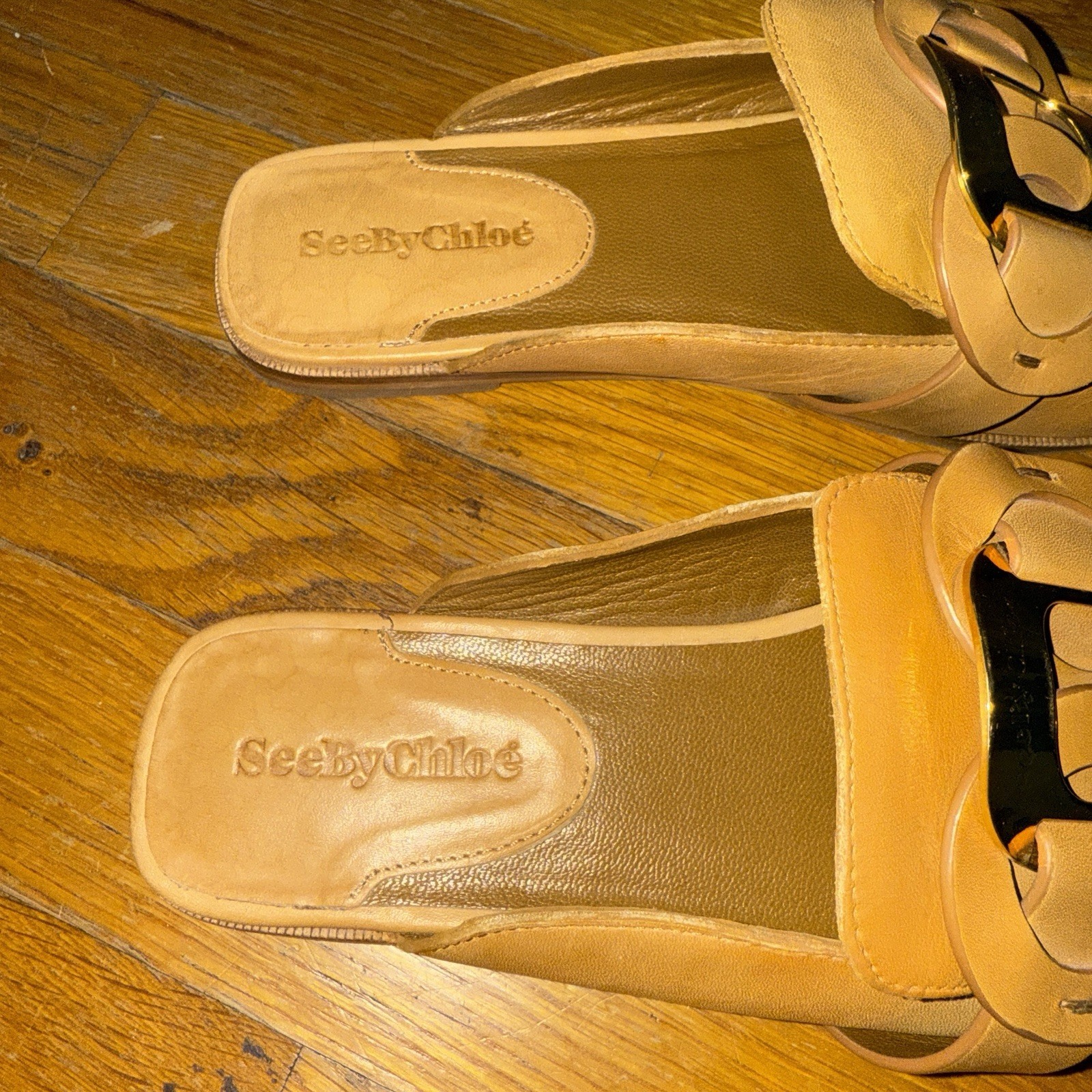 See By Chloe Shoes Womens Size 37 US 7 Chany Leather Mules Tan Slip Ons Calfskin