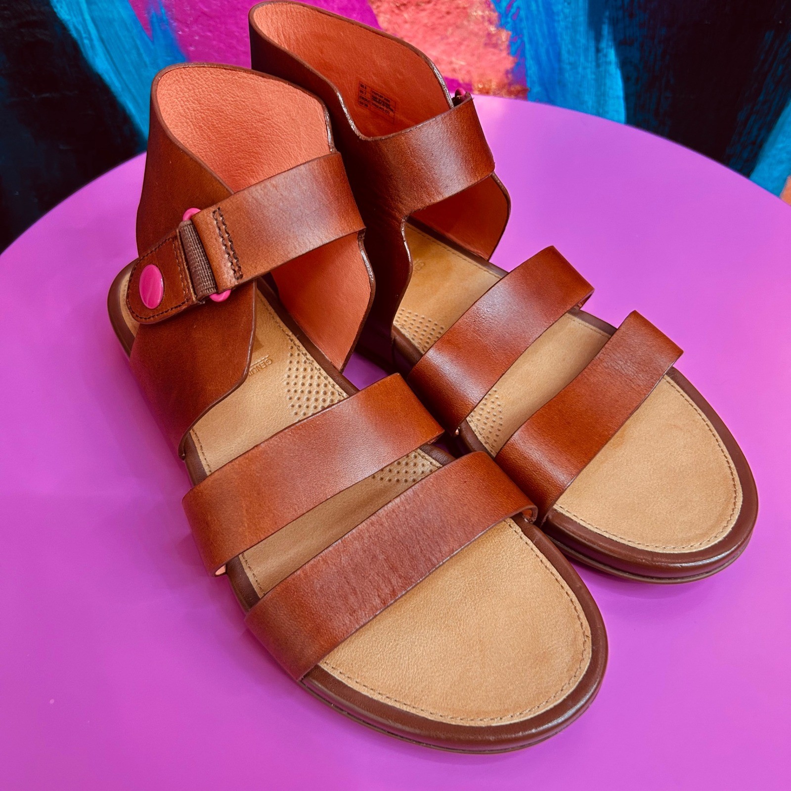 FitFlop Women 7 Strappy Leather Sandal Brown Pink Supercomff Ankle Wrap Rare EUC