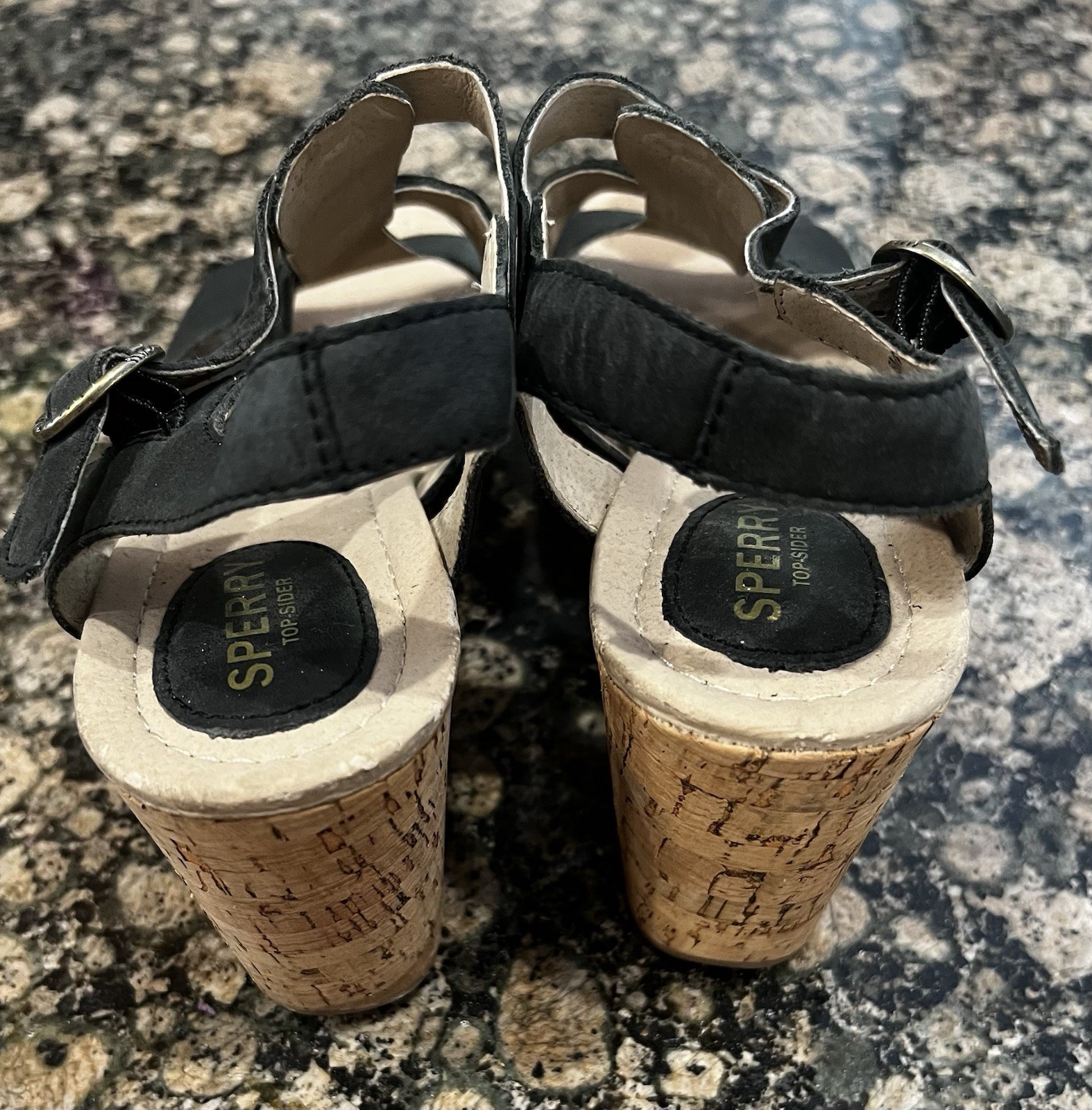 Sperry Top-Sider Women’s Strappy Wedge Sandals Leather Buckle Black/Beige 8M