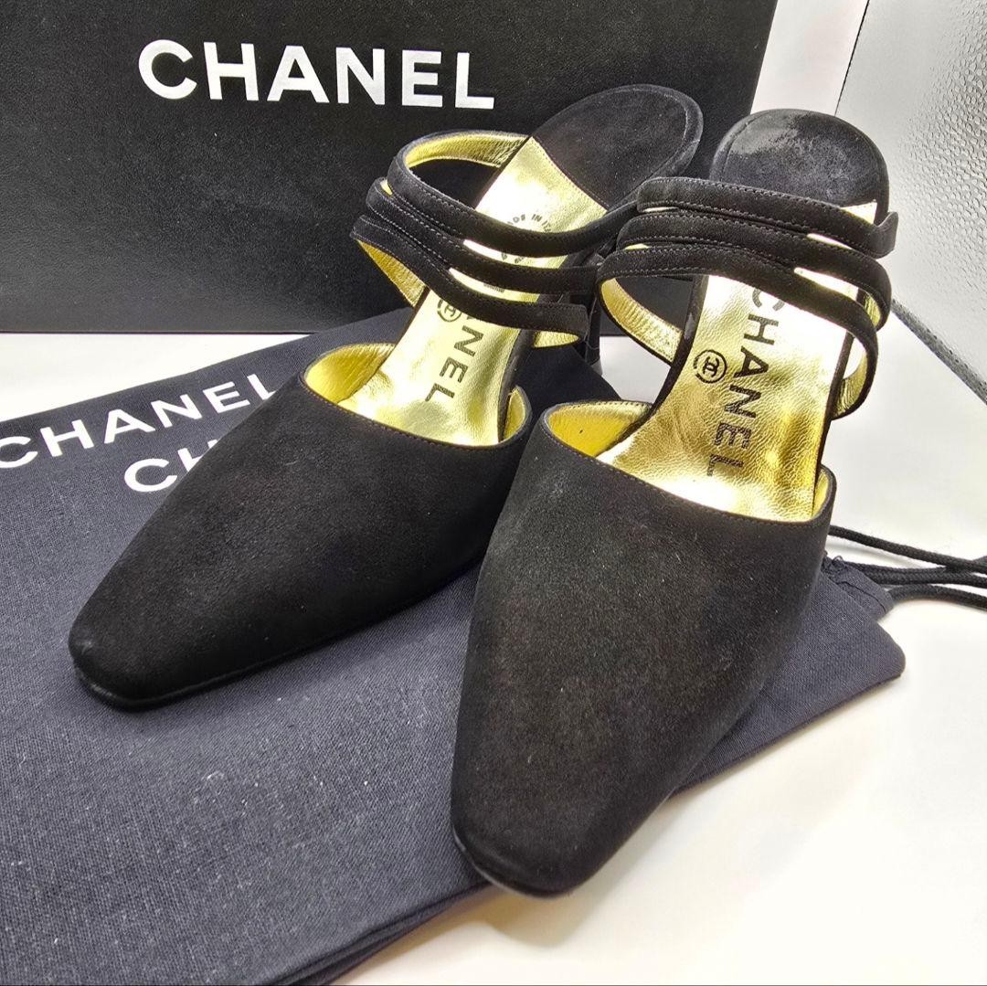 CHANEL Suede Mules Size 36 Black Gold Accents with Box and Dust Bags