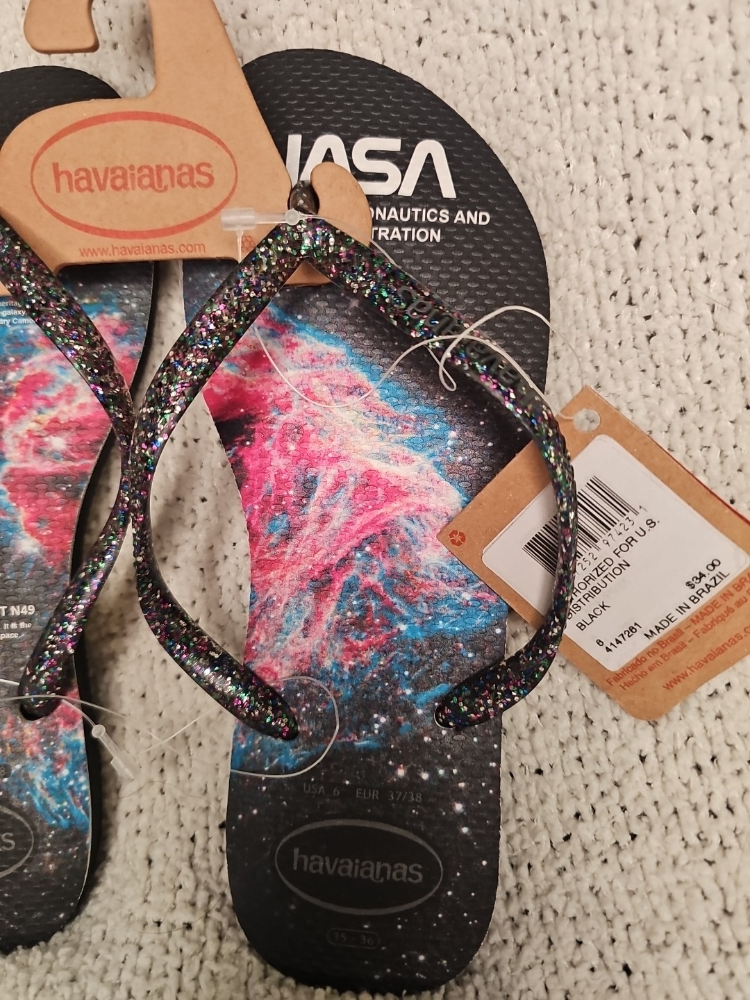 Havaianas Nasa Print UNISEX Flip Flops-Size 6 US, 37-38EUR SUPERNOVA NEW w/ Tags