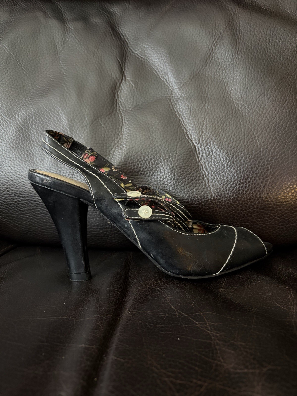 Madden Girl Black Synthetic Peep Toe Buckle Cone Heel Pumps Button Stitching