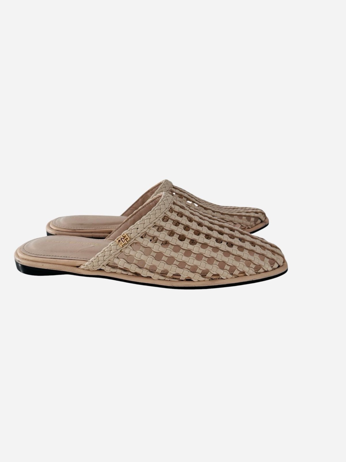 Tommy Hilfiger Premium Leather Woven Mule Sandals in Cream