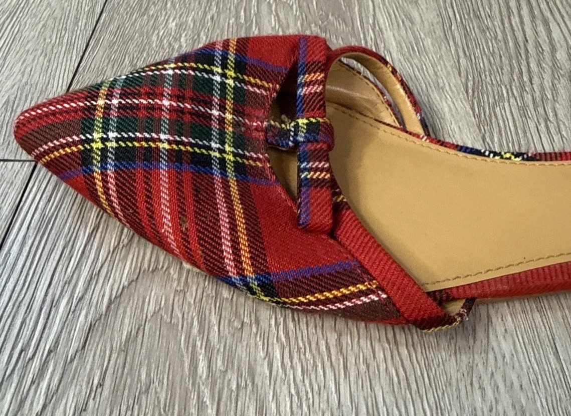 J. Crew Tartan Plaid Mini Bow Flats Women’s Red Plaid Pointy Toe Preppy Size 8