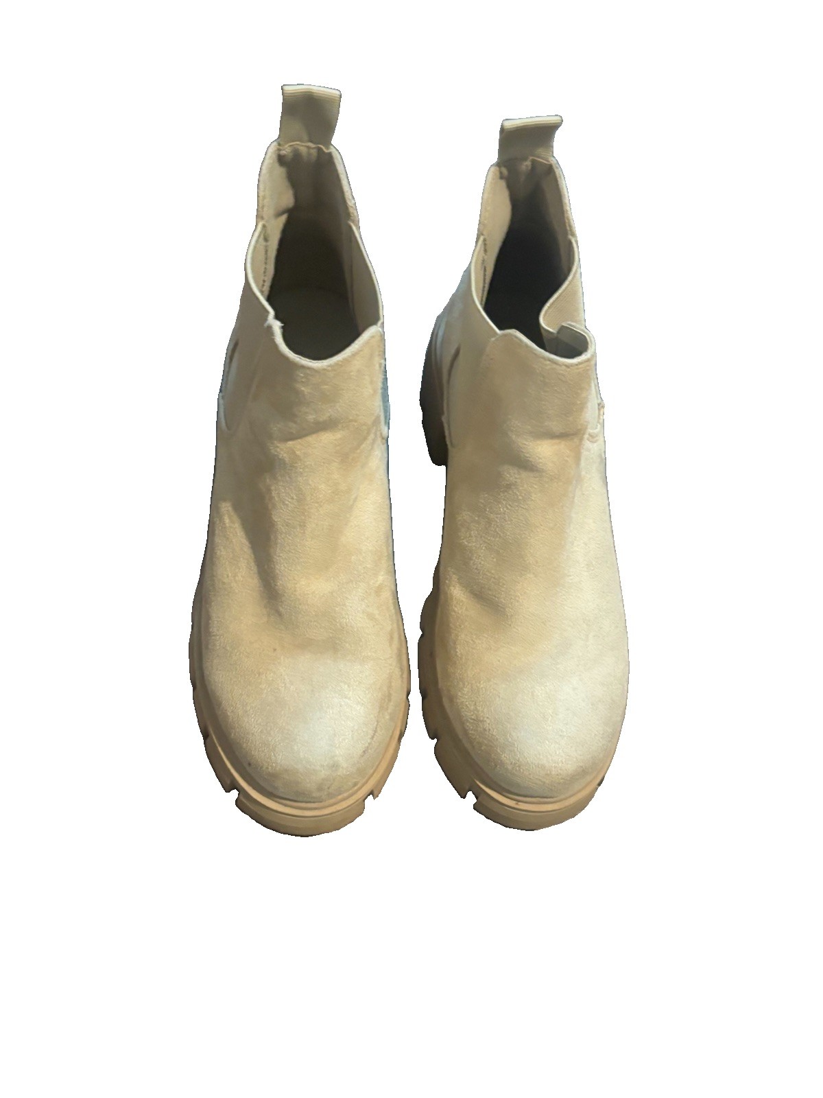 Soda Women’s Chelsea Ankle Boots US 8 Beige Suede Lug Sole Pull Tab Round Toe