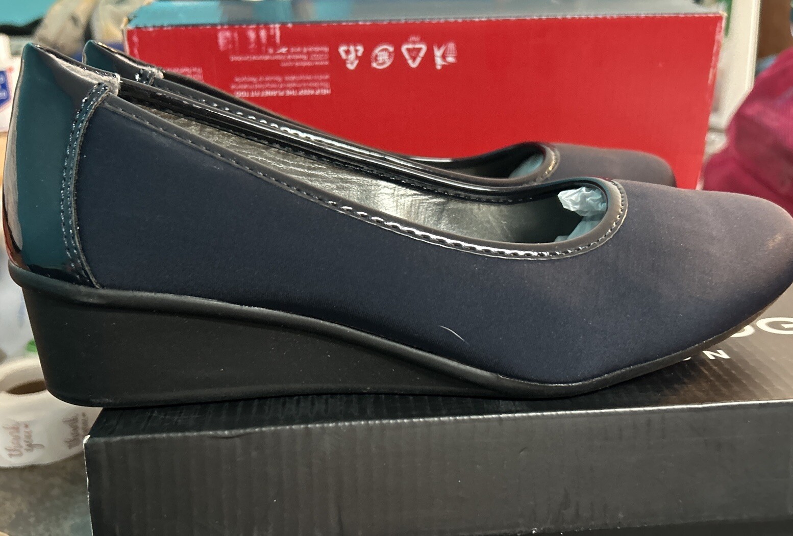 London Fog LF Chester Navy Neoprene FG 156A Slip On Wedge Heel Women Sz 8 M