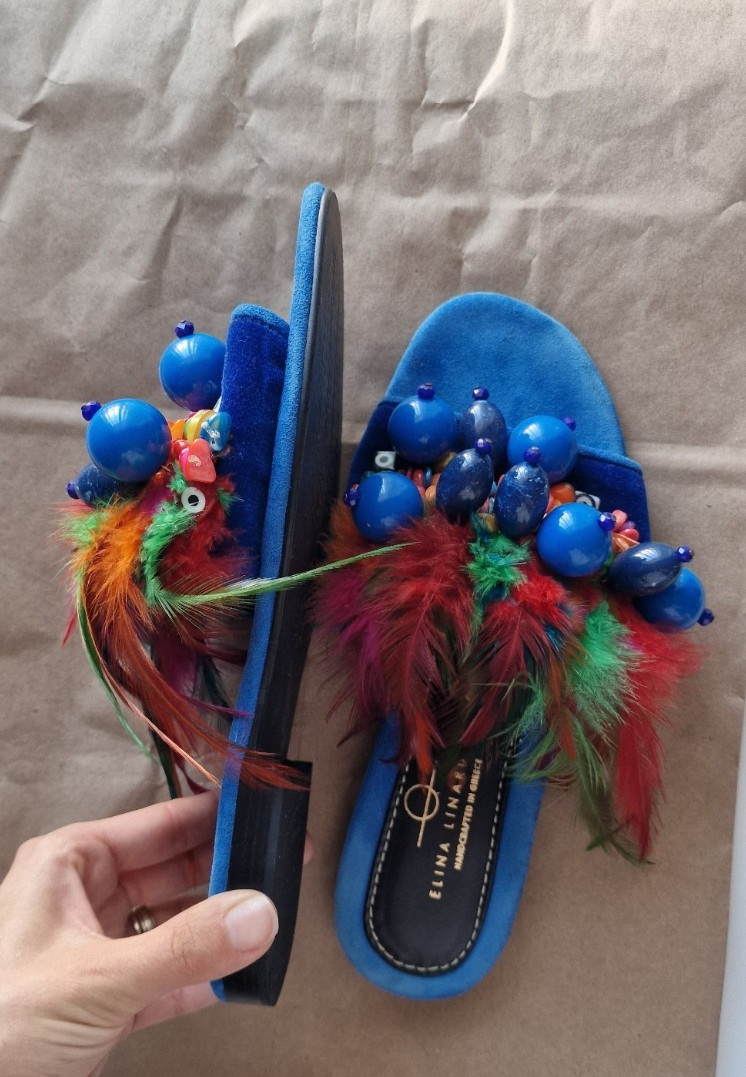 Elina Linardaki Blue Suede Feather Beaded Slide Sandals Handcrafted Greece EU 38