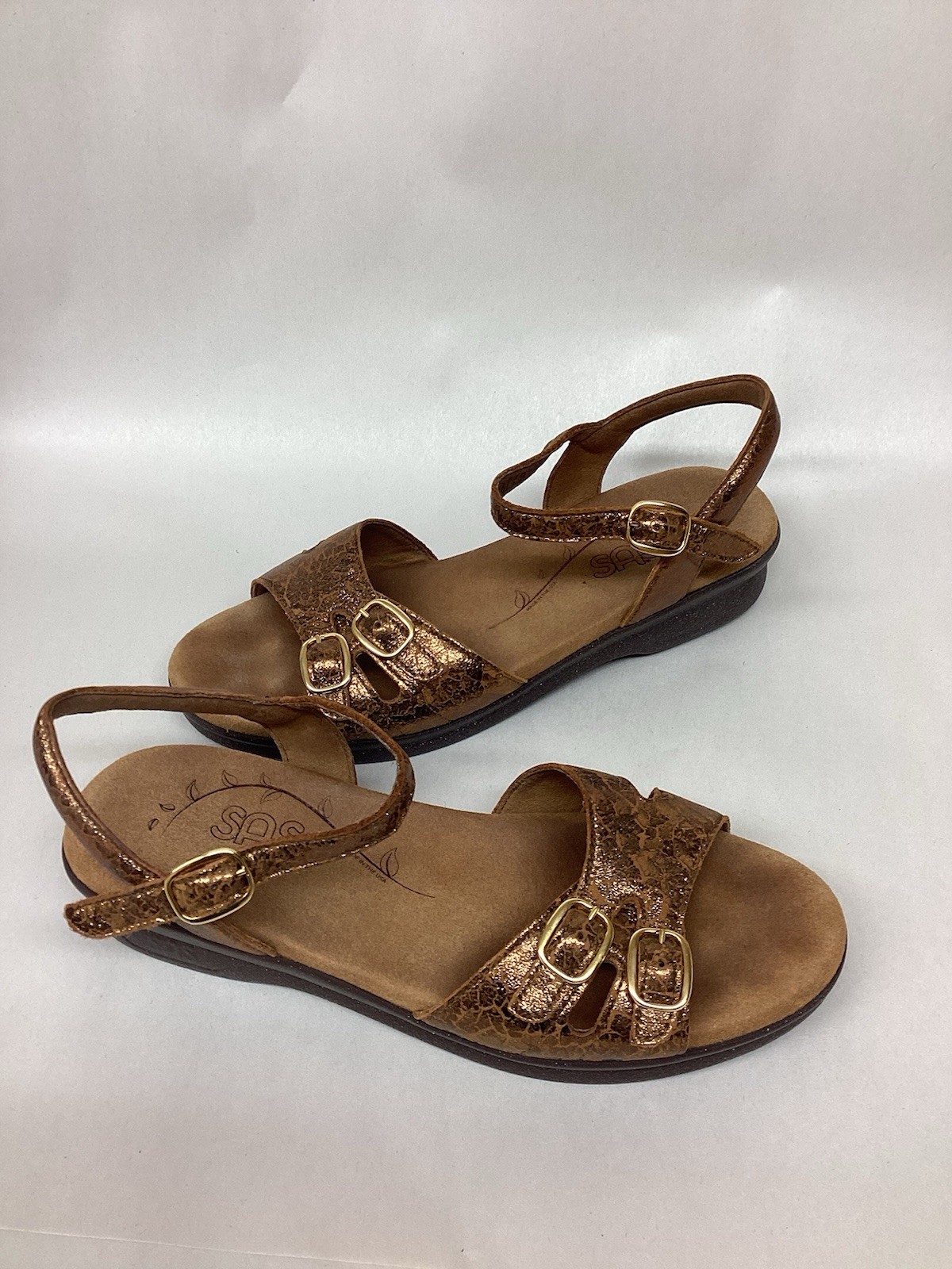 Womens SAS Leather Sandals Strappy Buckle Bronze Metallic Glitter 7.5 S (AAA)