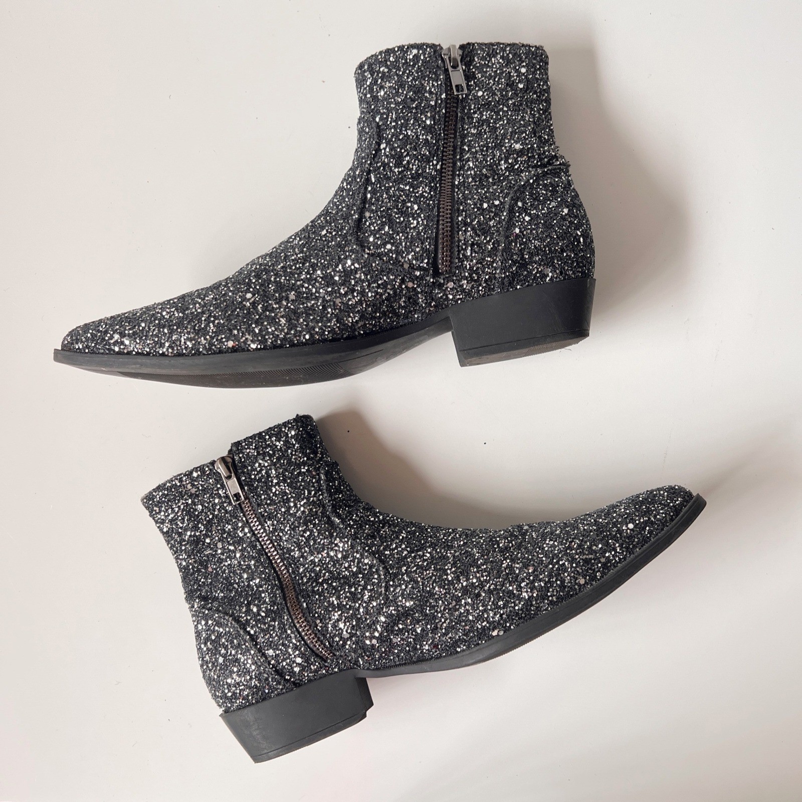 Glitter Chelsea Ankle Boots Sparkly Pointed Toe Rocker Glam Black Silver 9 Women