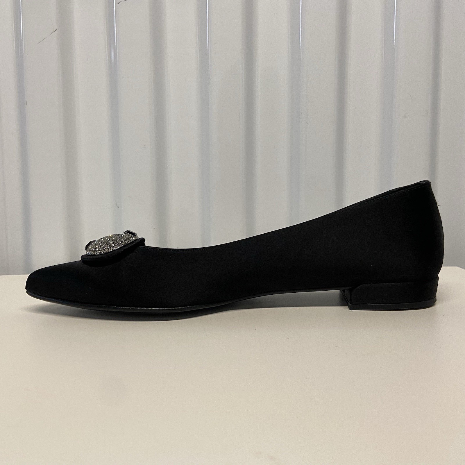 VTG 90s Stuart Weitzman Black Satin Pointed Toe Rhinestone Dress Flats 7 N