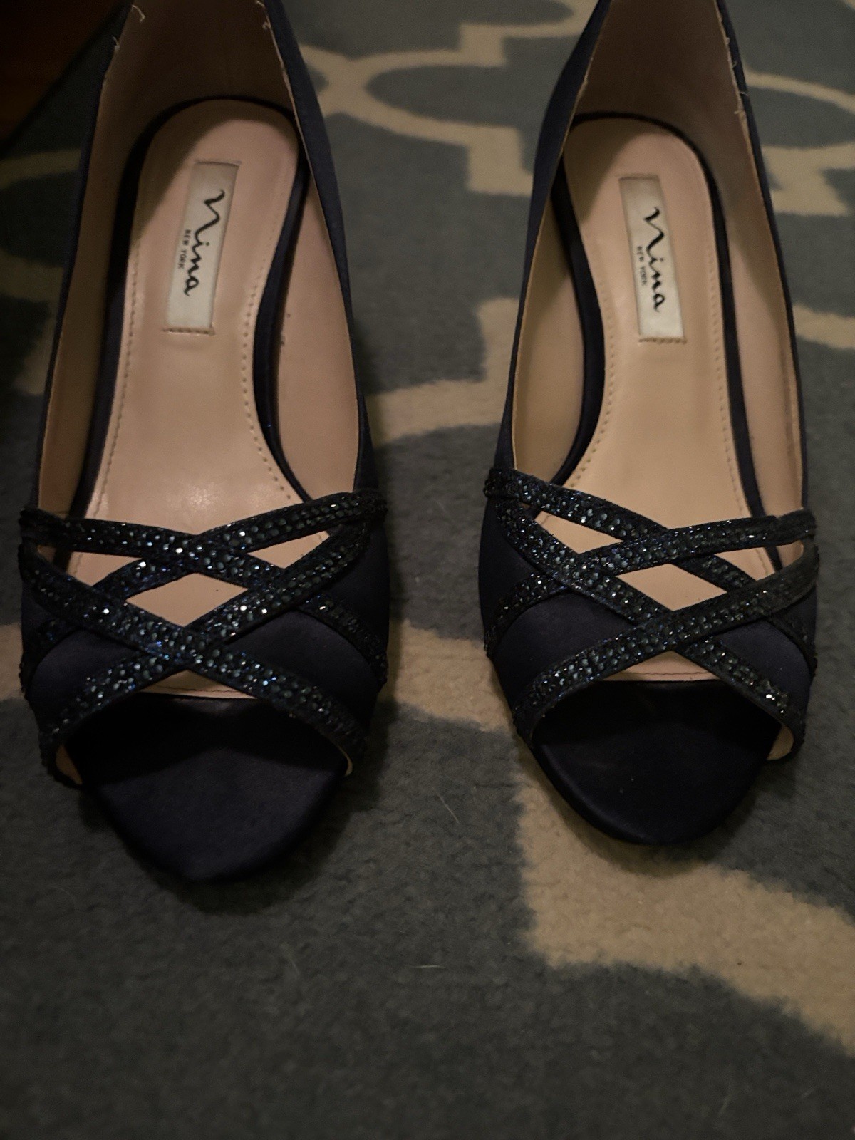 Nina Women’s Navy Satin Peep Toe Stiletto Pumps Glitter Slip-On US 8 M