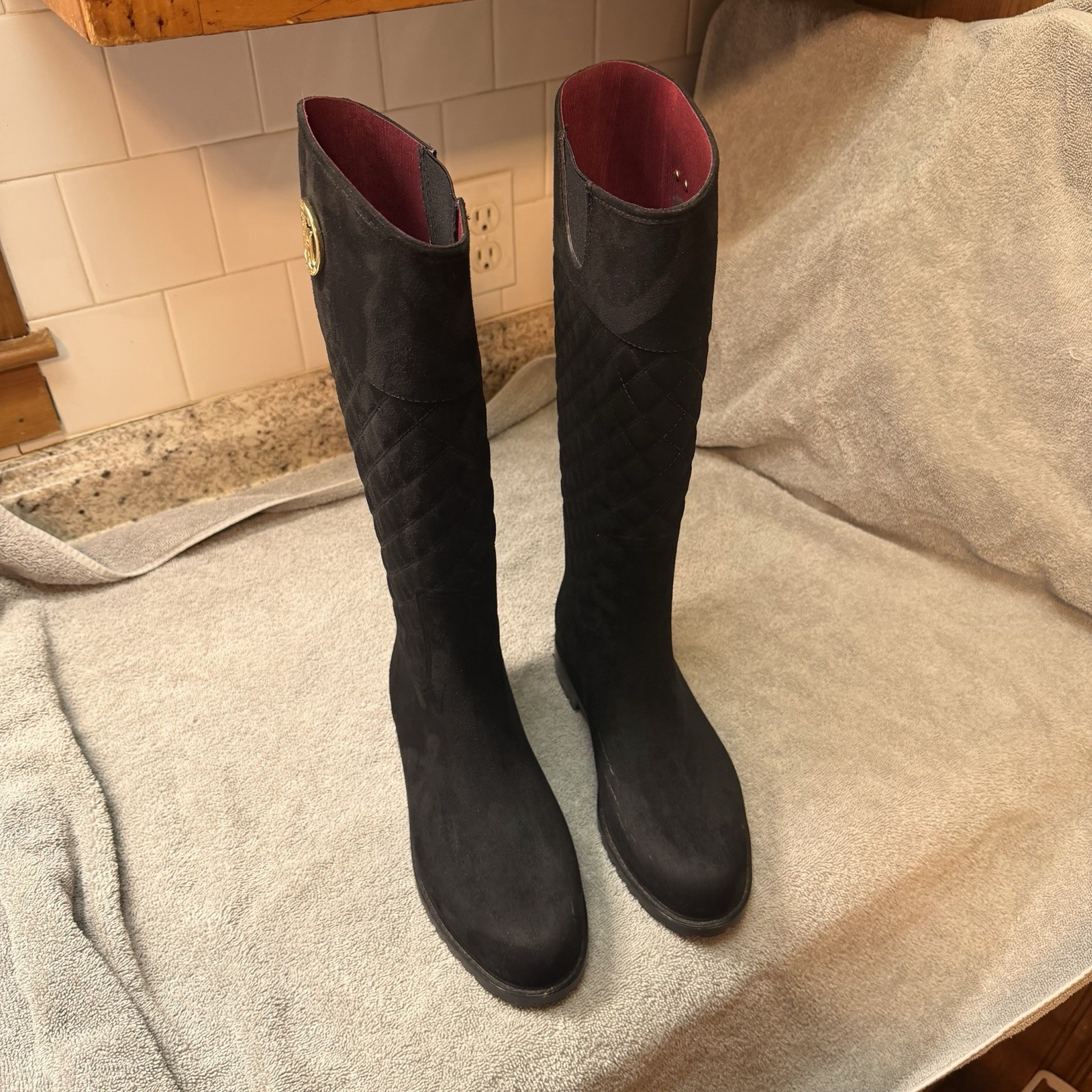 Tommy Hilfiger Babette Black Quilted Logo Knee High Textile Riding Boots 9M