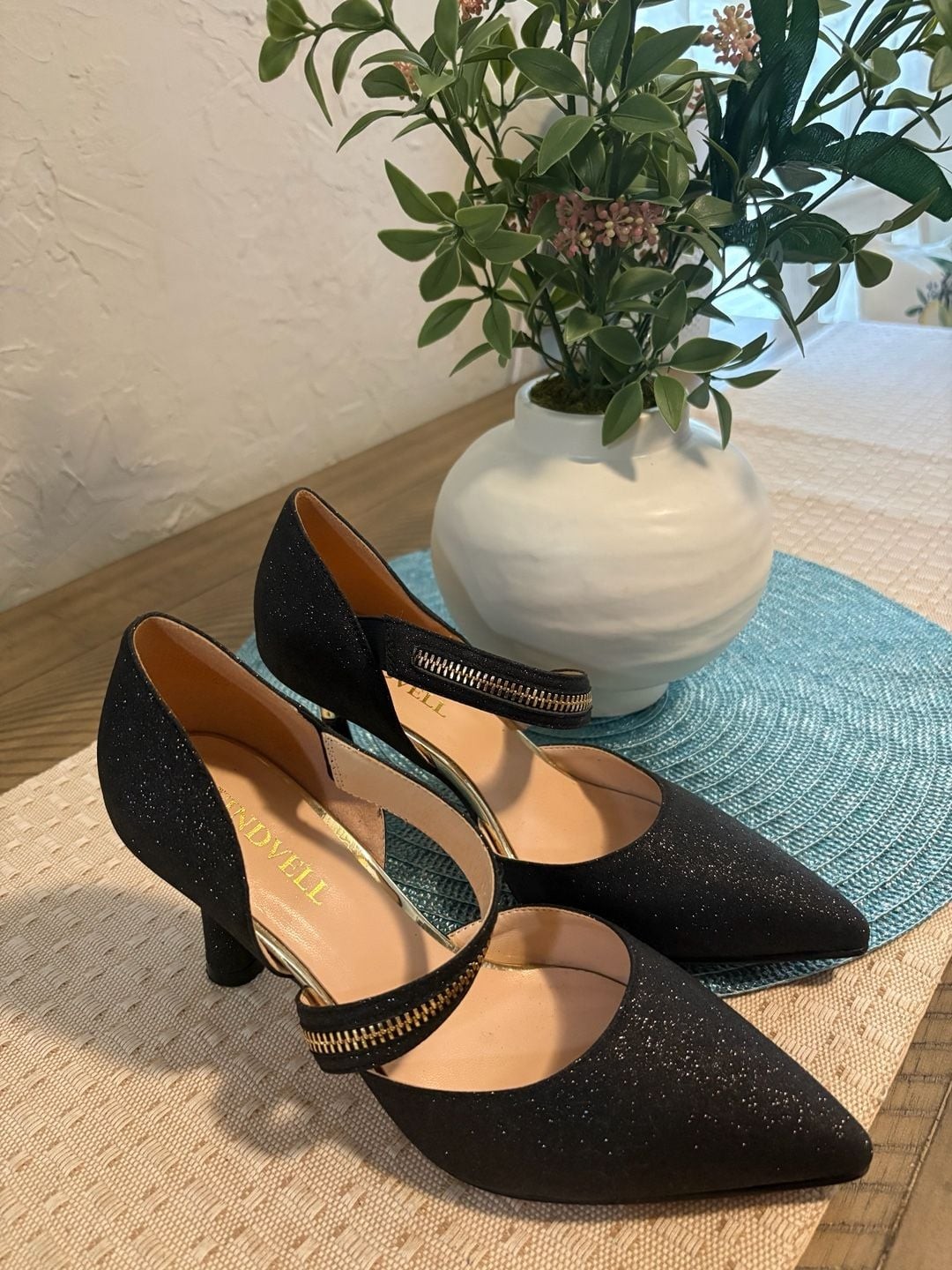 FINDVELL Black Shimmer Pumps with Decorative Zipper Strap Gold Accent Heels
