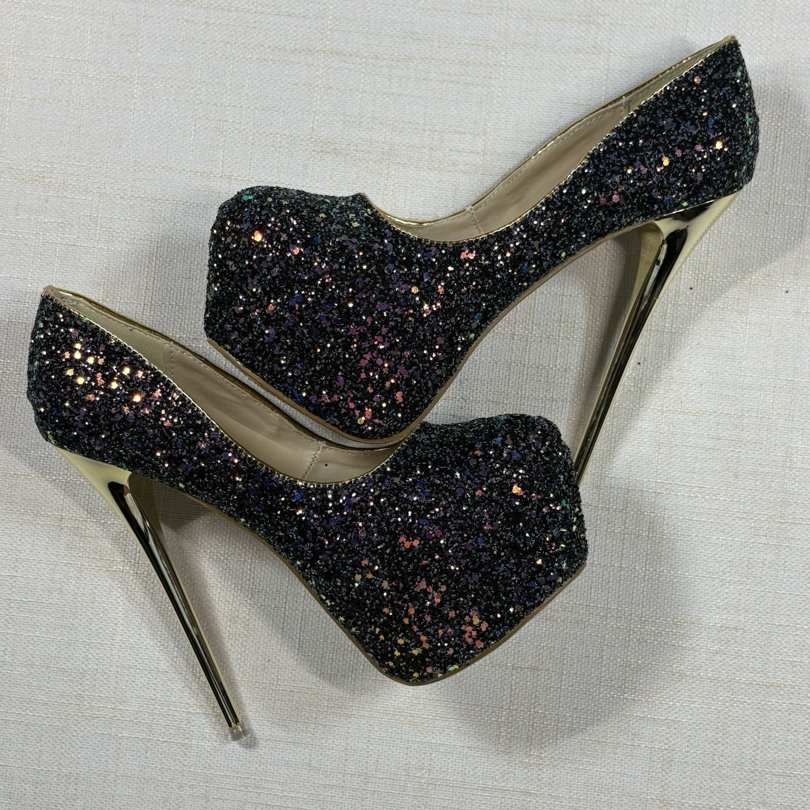 Black Glitter Platform Stiletto Heels Size 40 Gold High Heel Party Pumps
