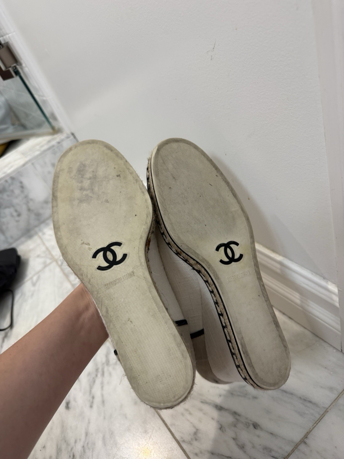 CHANEL Beige/Black Canvas CC Logo Wedge Espadrille Flats Slip-On Women 10