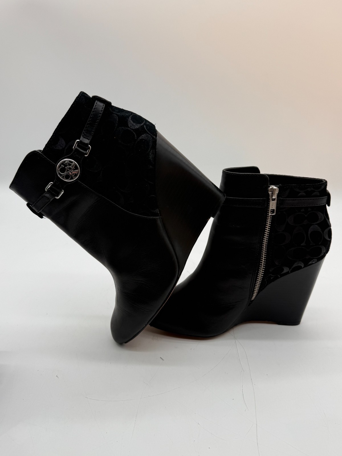 Coach Safira Black Leather Signature Heel Wedge Booties Shoes A4146 Size 9B