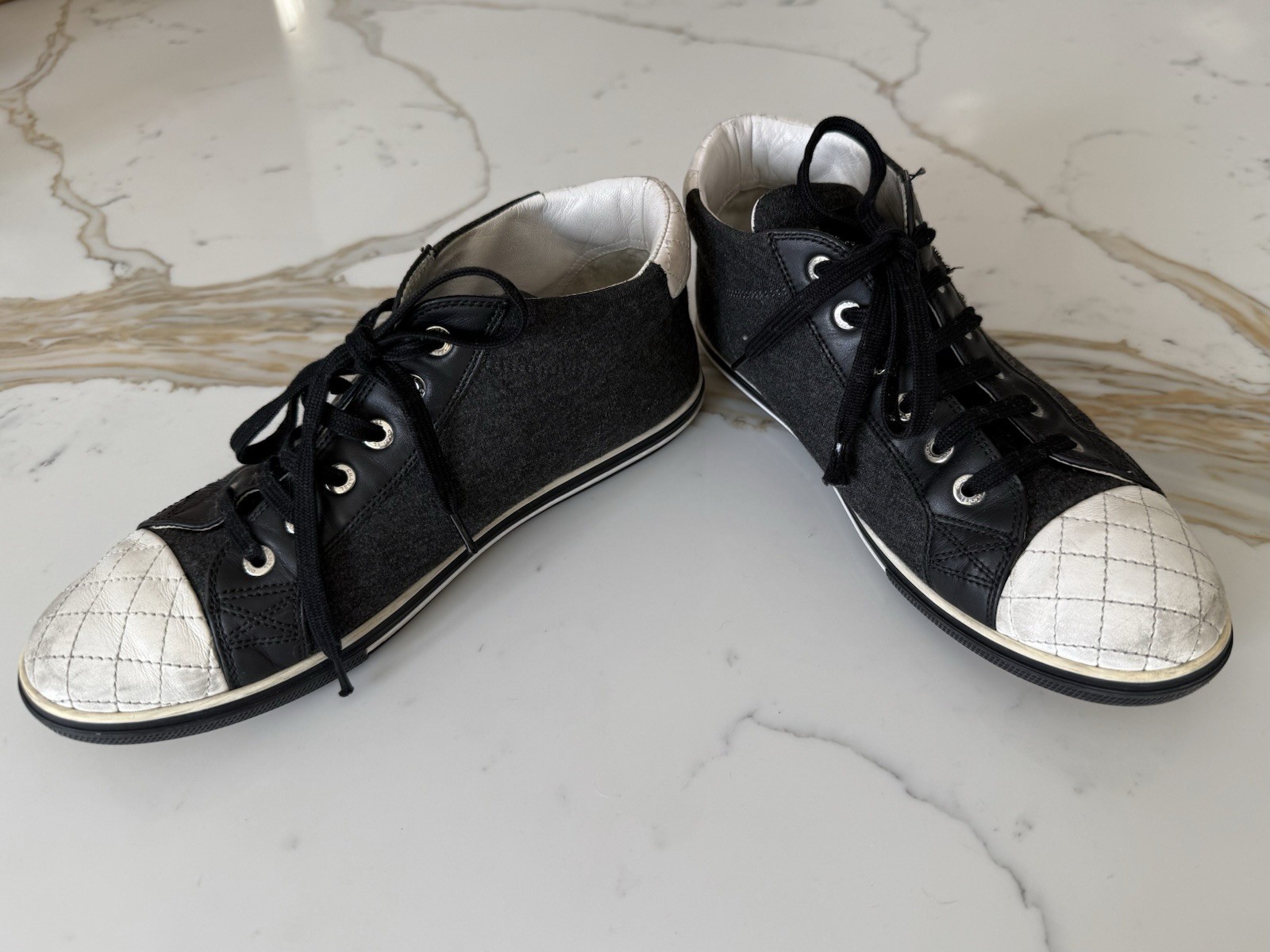 CHANEL High Top Sneakers Black Wool White Quilted Leather CC Logo Italy 7.5 -8