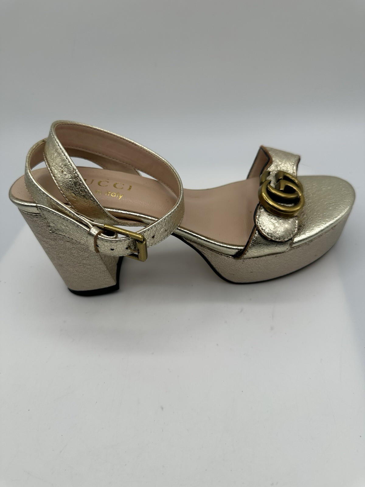 Gucci Marmont GG Metallic Leather Block Heel Ankle Strap Sandal Women Sz 38/ 7.5