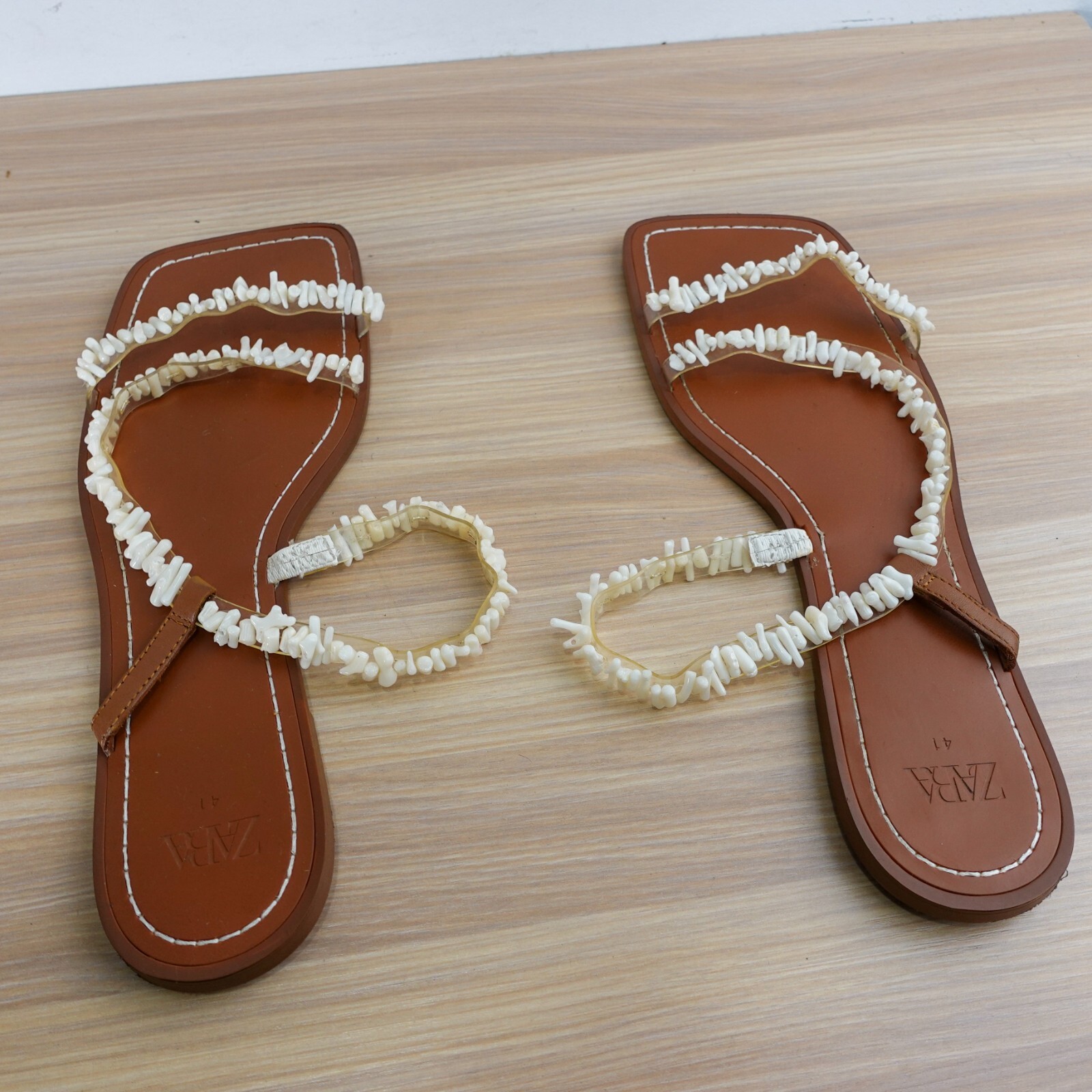 ZARA Coastal Boho Beaded Flat Sandals Womens 10.5 White Strappy Beach Slides